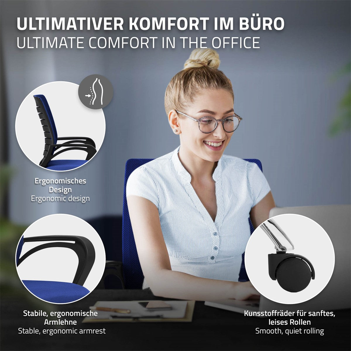 Kantoor met een ergonomische stoel en bureau, een persoon werkt op een laptop.