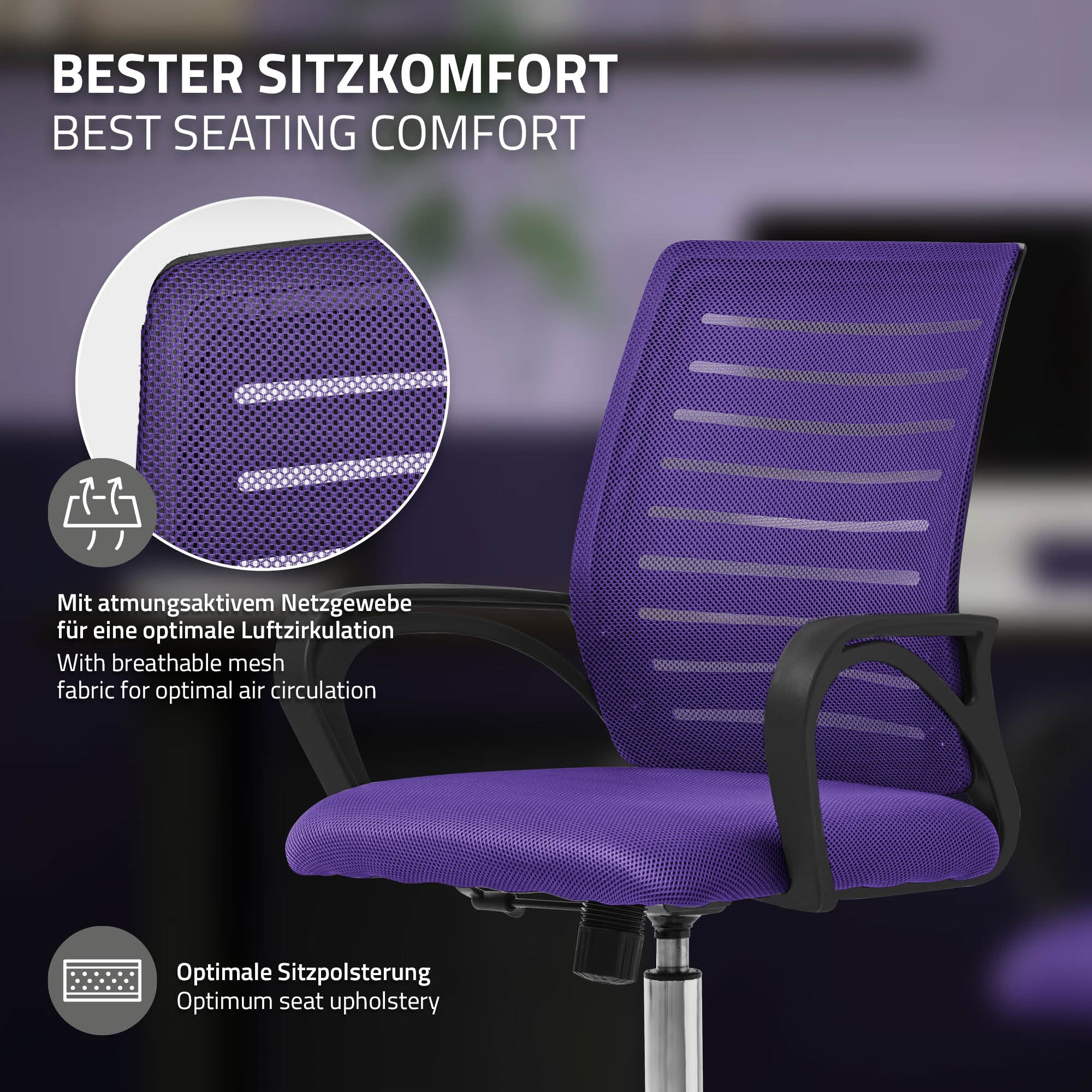 Sedia da ufficio viola con rete traspirante e braccioli.