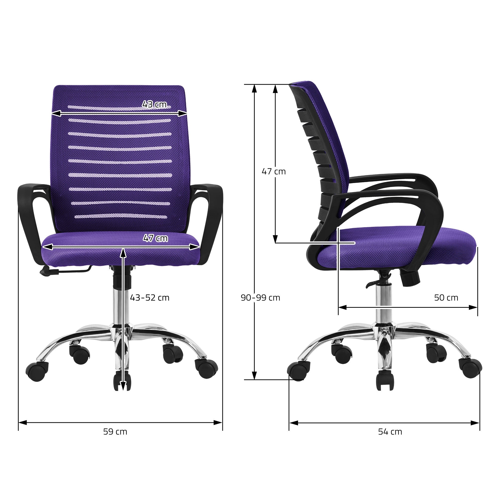 Sedia da ufficio in viola con indicazioni di misura per altezza e larghezza.
