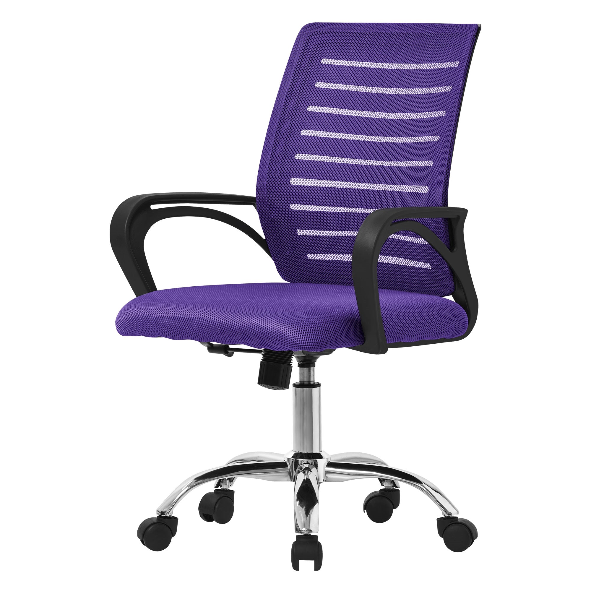 Lila Bürostuhl auf Rollen mit ergonomischem Design.