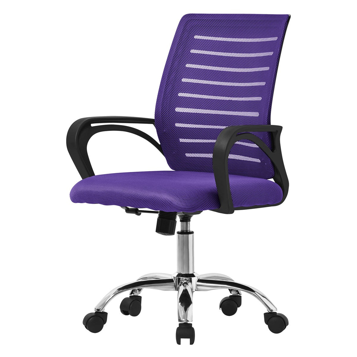 Scaun de birou mov, pe roți, cu design ergonomic.