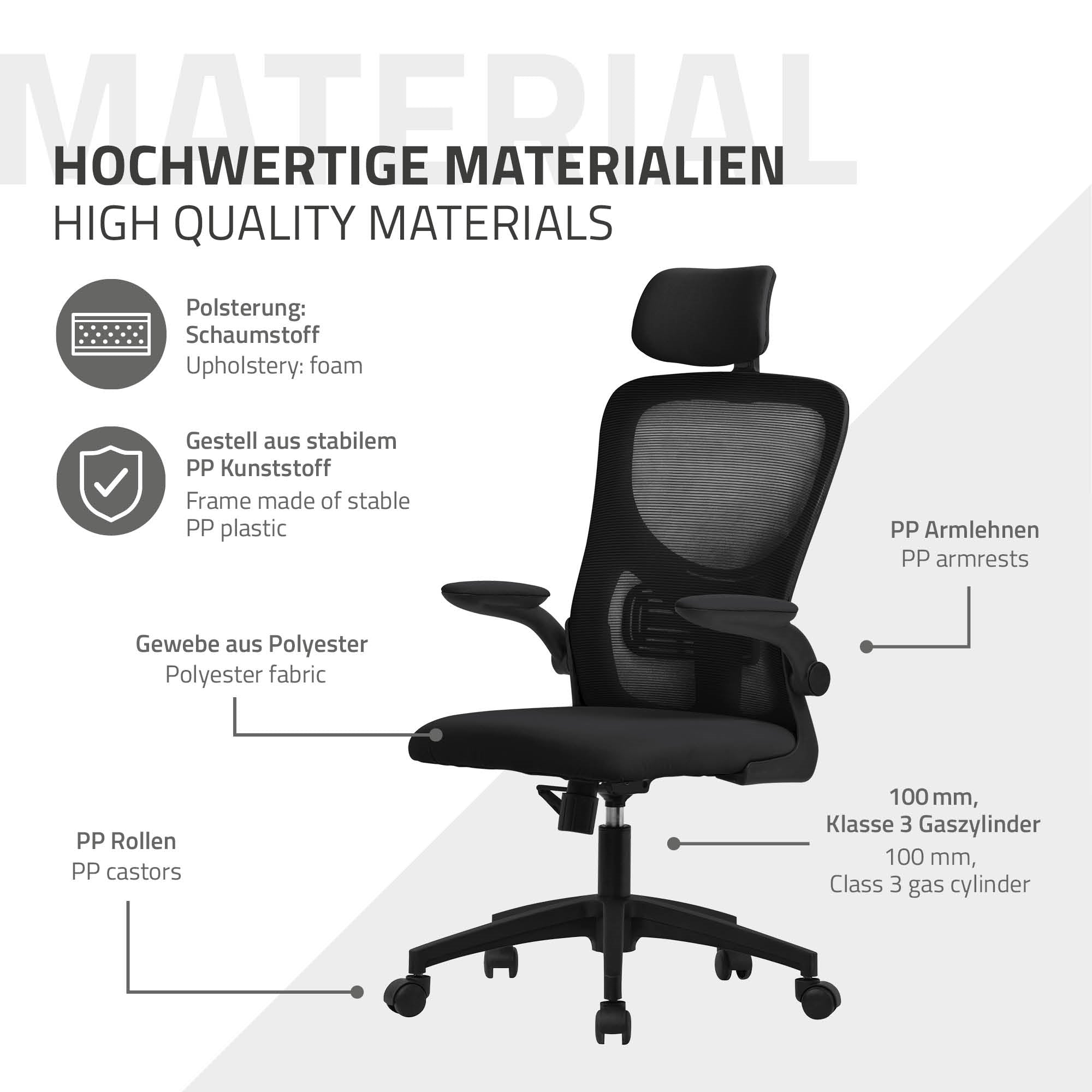 Kontorstol i sort med ergonomisk design og materialer af høj kvalitet.