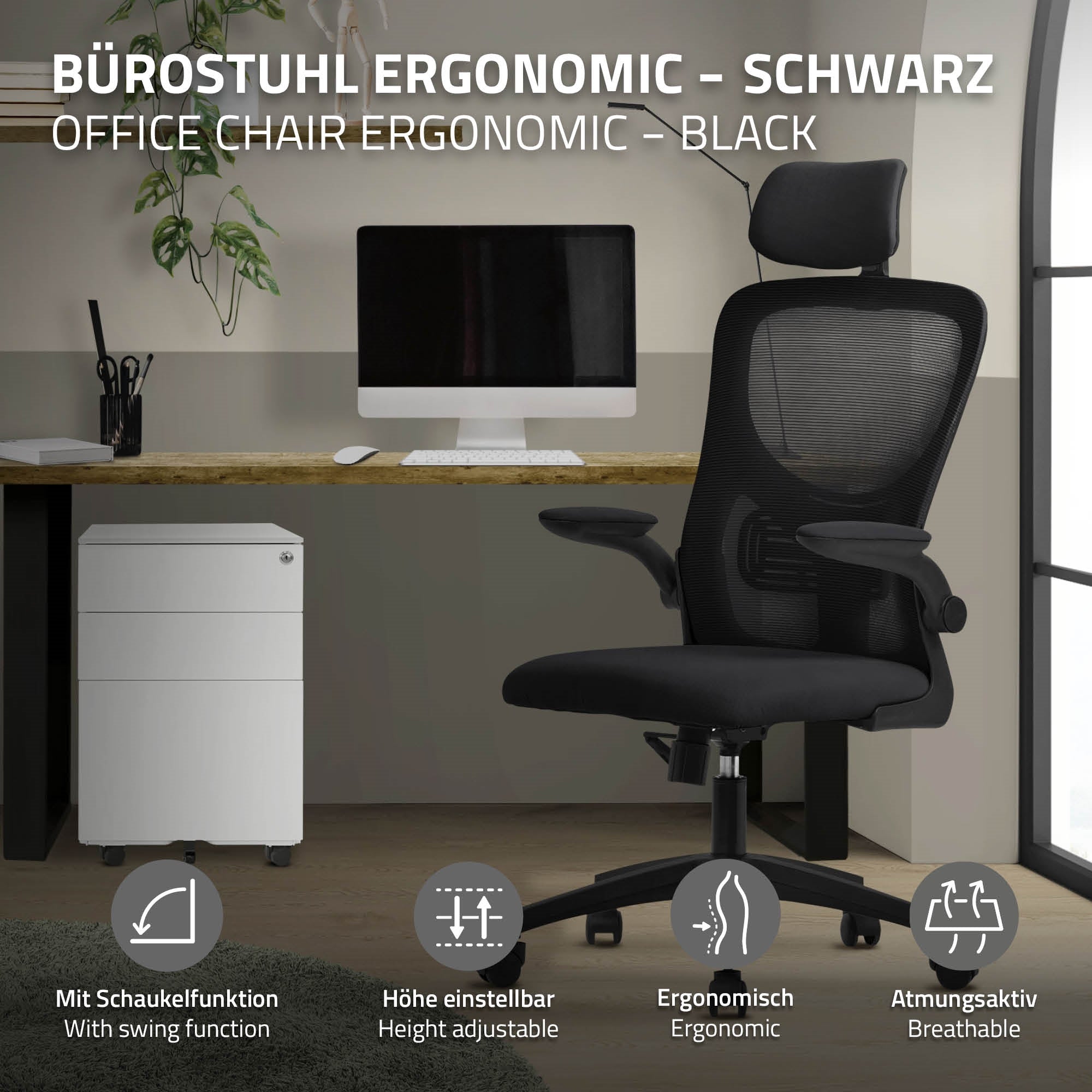 Ergonomická černá kancelářská židle, se psacím stolem a skříní na dokumenty.