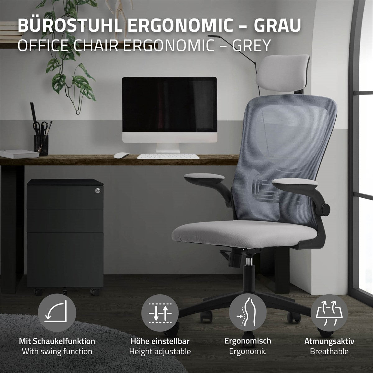 Grauer Bürostuhl mit Schreibtisch und Aktenschrank im Hintergrund.