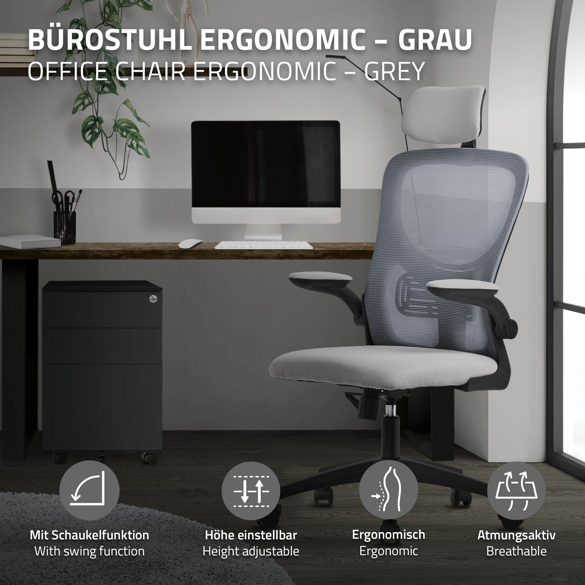 Grauer Bürostuhl mit Schreibtisch und Aktenschrank im Hintergrund.