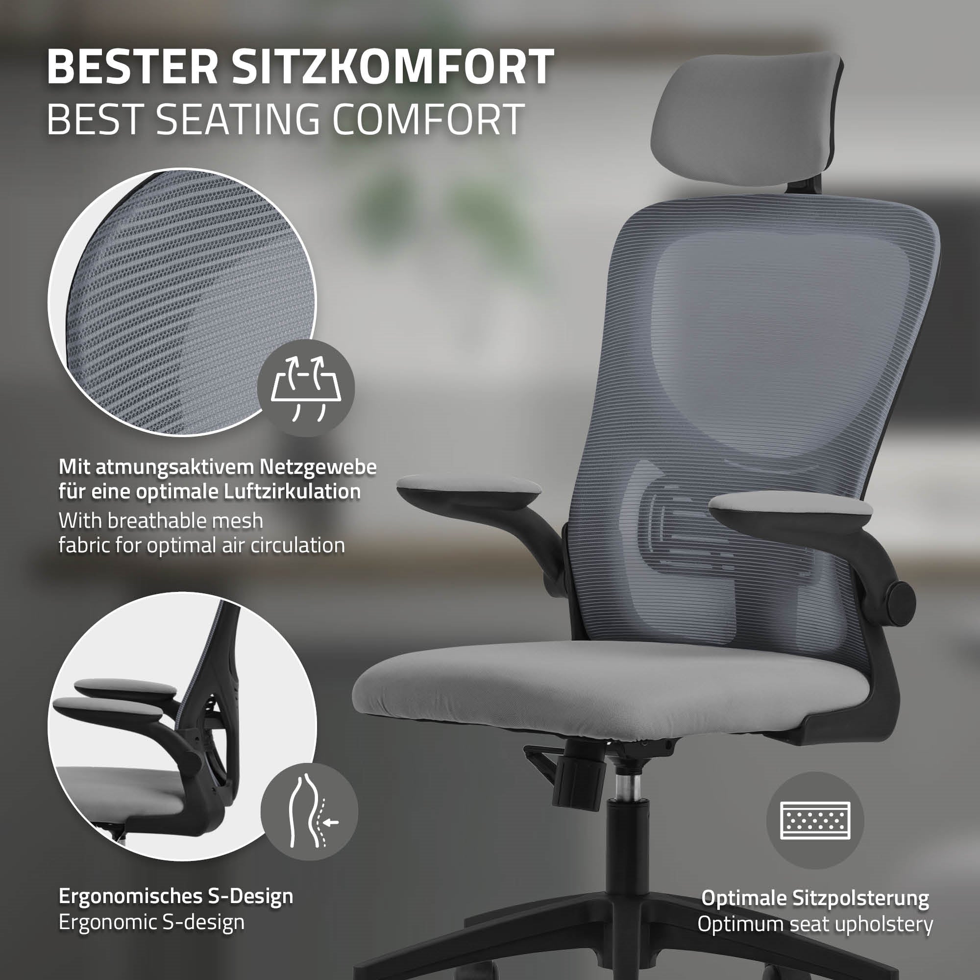 Nahaufnahme eines grauen Bürostuhls mit ergonomischem Design und atmungsaktivem Netzgewebe.
