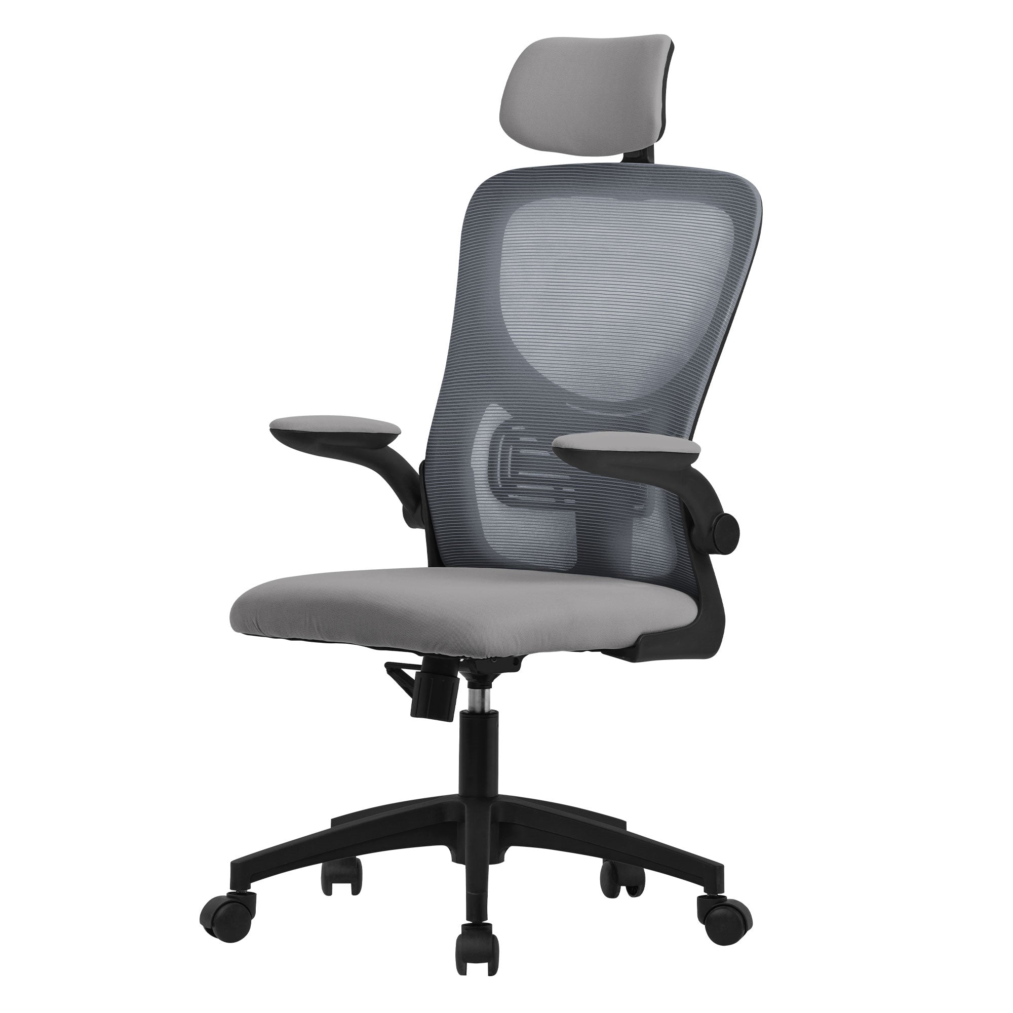 Grauer ergonomischer Bürostuhl mit Kopfstütze und Armlehnen.