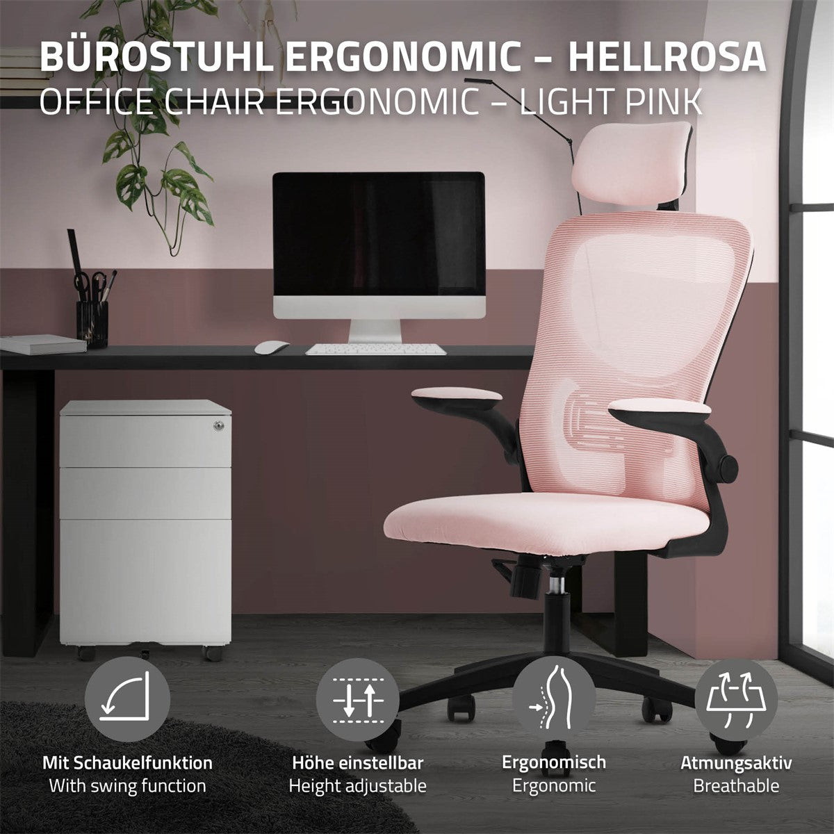 Vaaleanpunainen ergonominen toimistotuoli, taustalla työpöytä ja salkku.