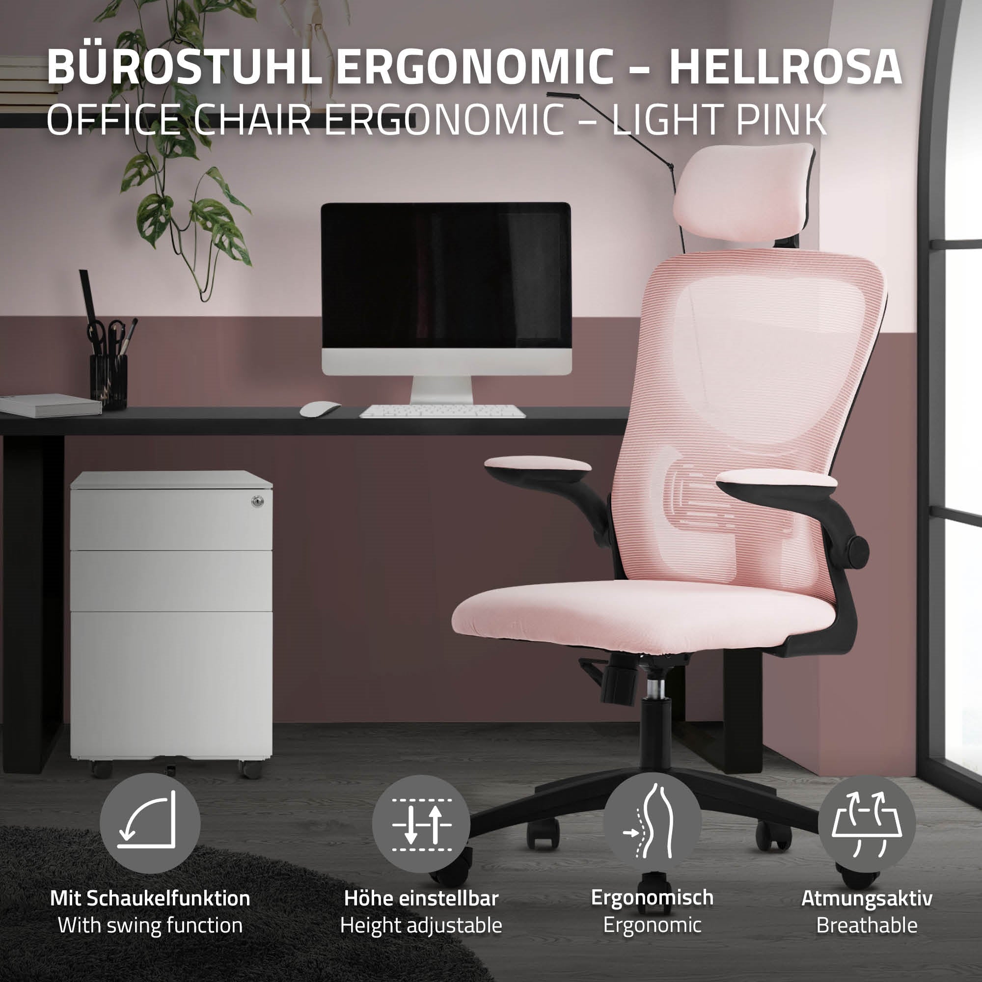 Ergonomischer Bürostuhl in hellrosa, mit Schreibtisch und Aktenkoffer im Hintergrund.