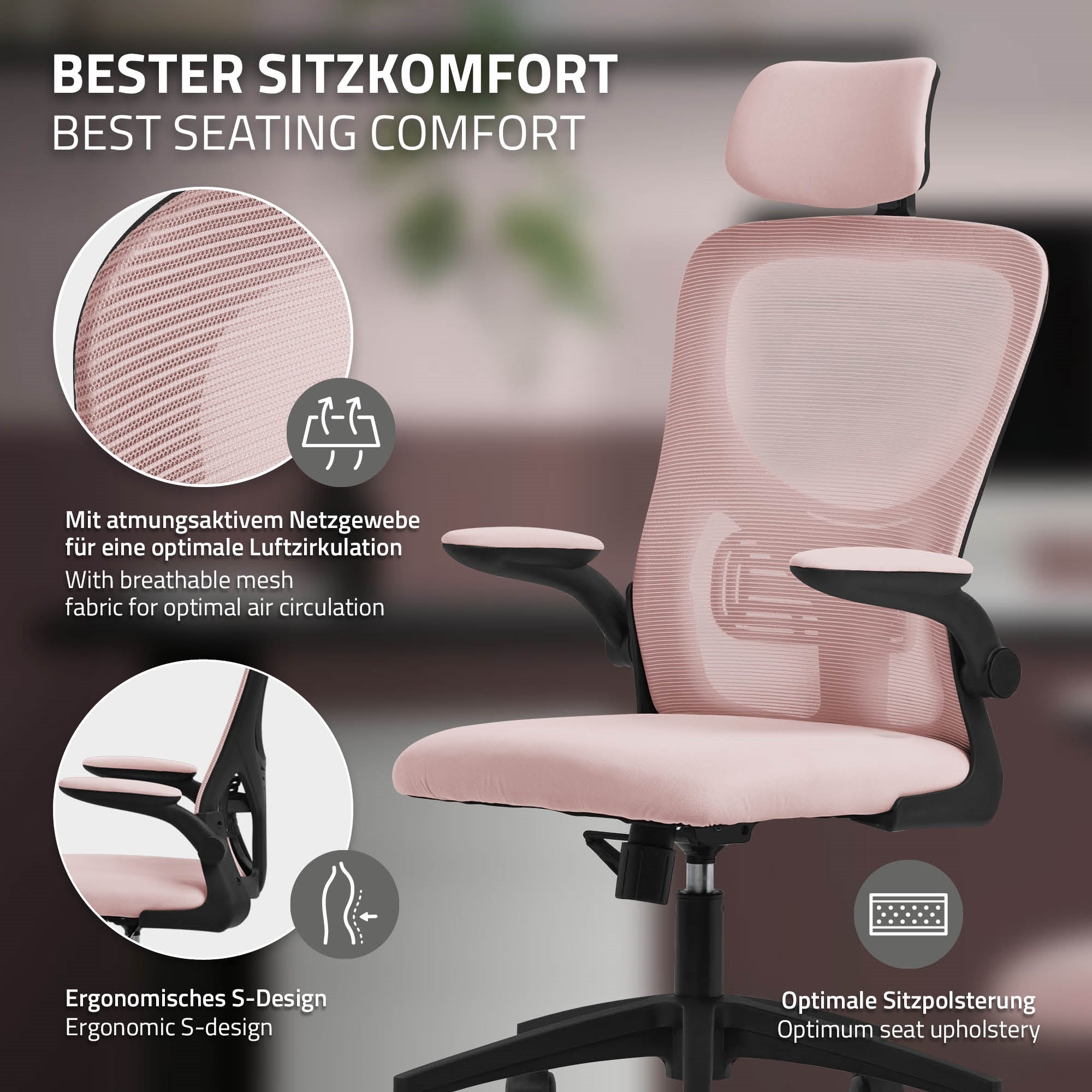 Office chair with breathable mesh fabric in pink, ergonomic design.
