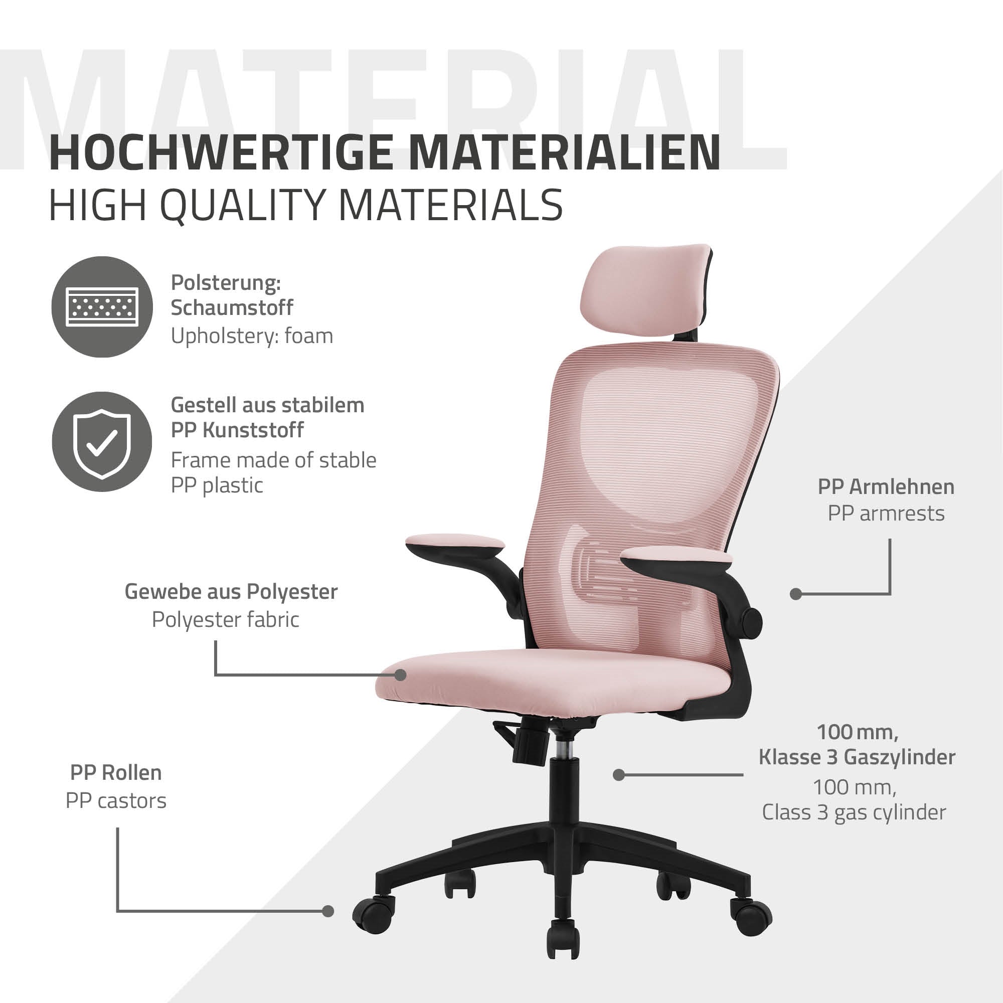 Pink office chair with adjustable headrest and armrests.
