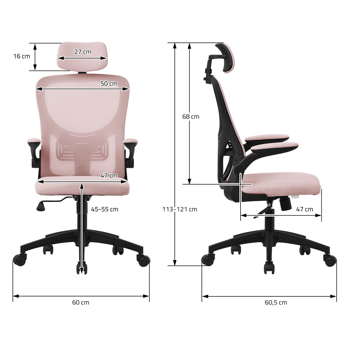 Toimistotuolin mitat: korkeus 113–121 cm, leveys 60 cm, syvyys 60,5 cm.