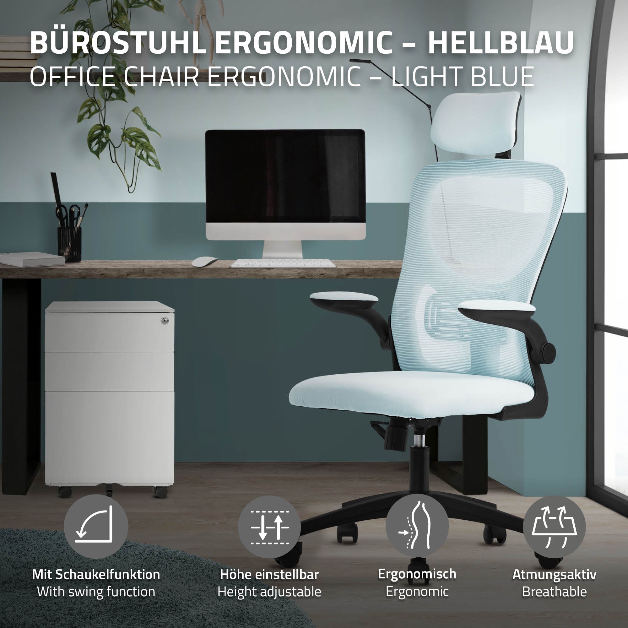 Ergonomic office chair in light blue in front of a desk and a filing cabinet.