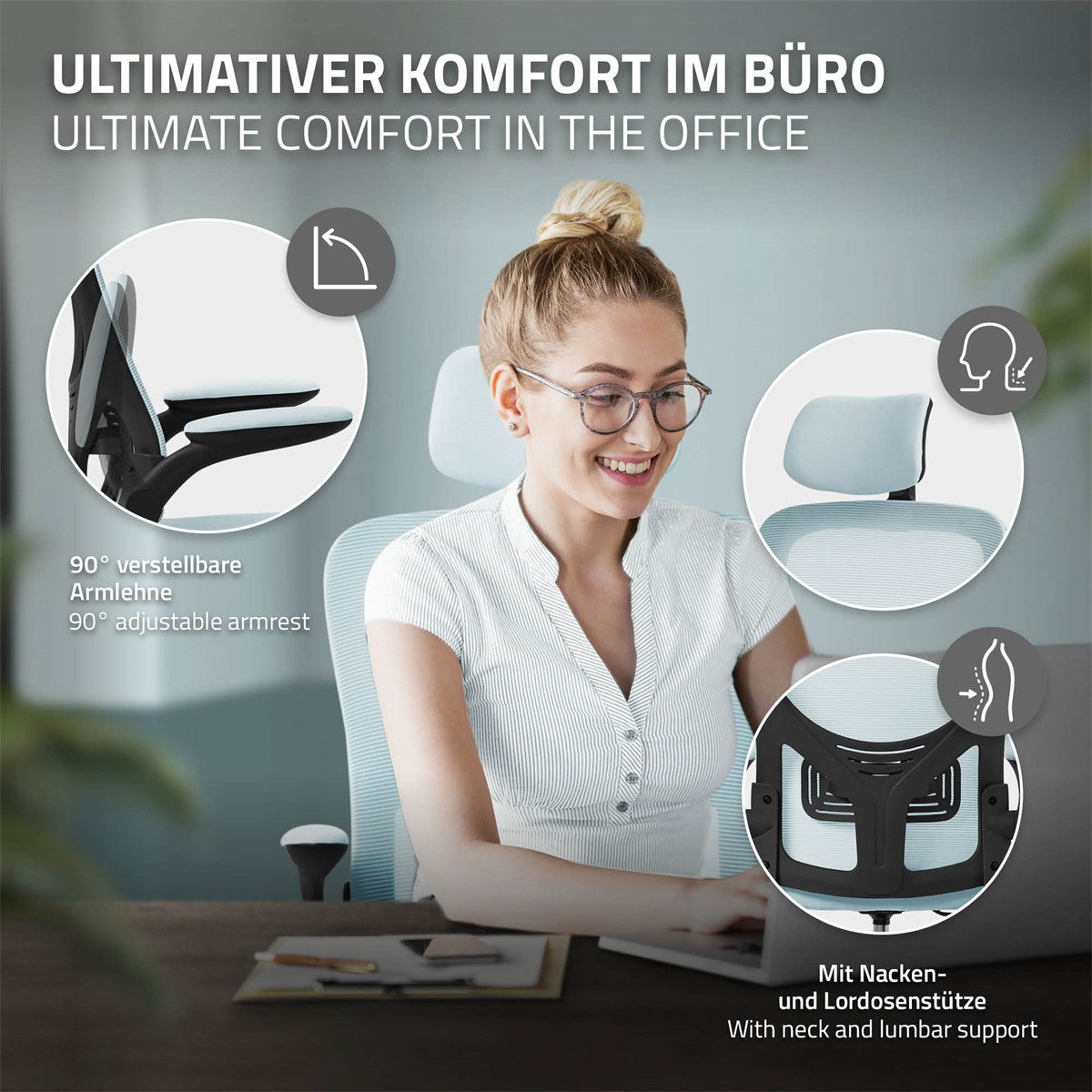 Frau mit Brille sitzt an einem Schreibtisch, lächelt und nutzt einen Bürostuhl.