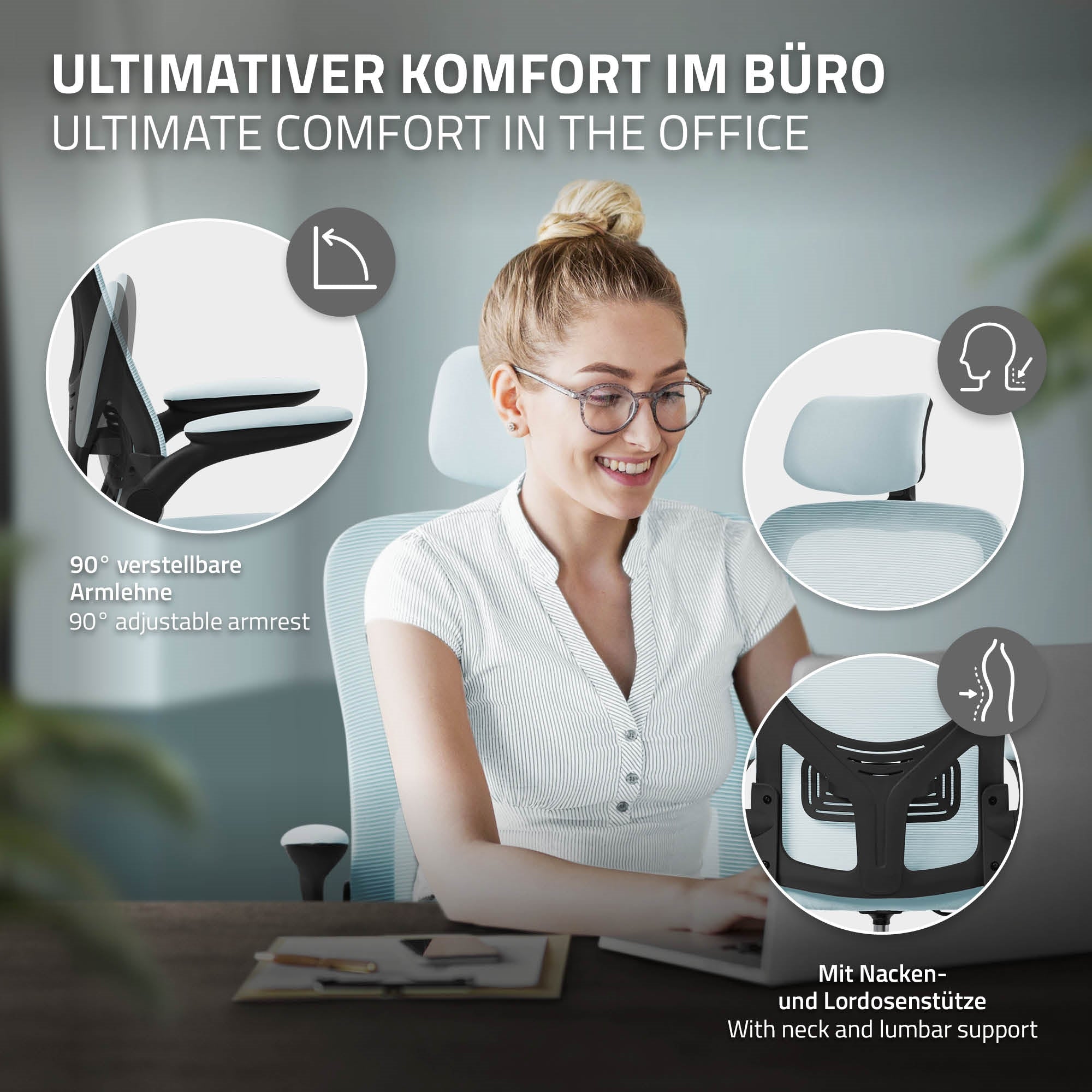 Frau mit Brille sitzt an einem Schreibtisch, lächelt und nutzt einen Bürostuhl.