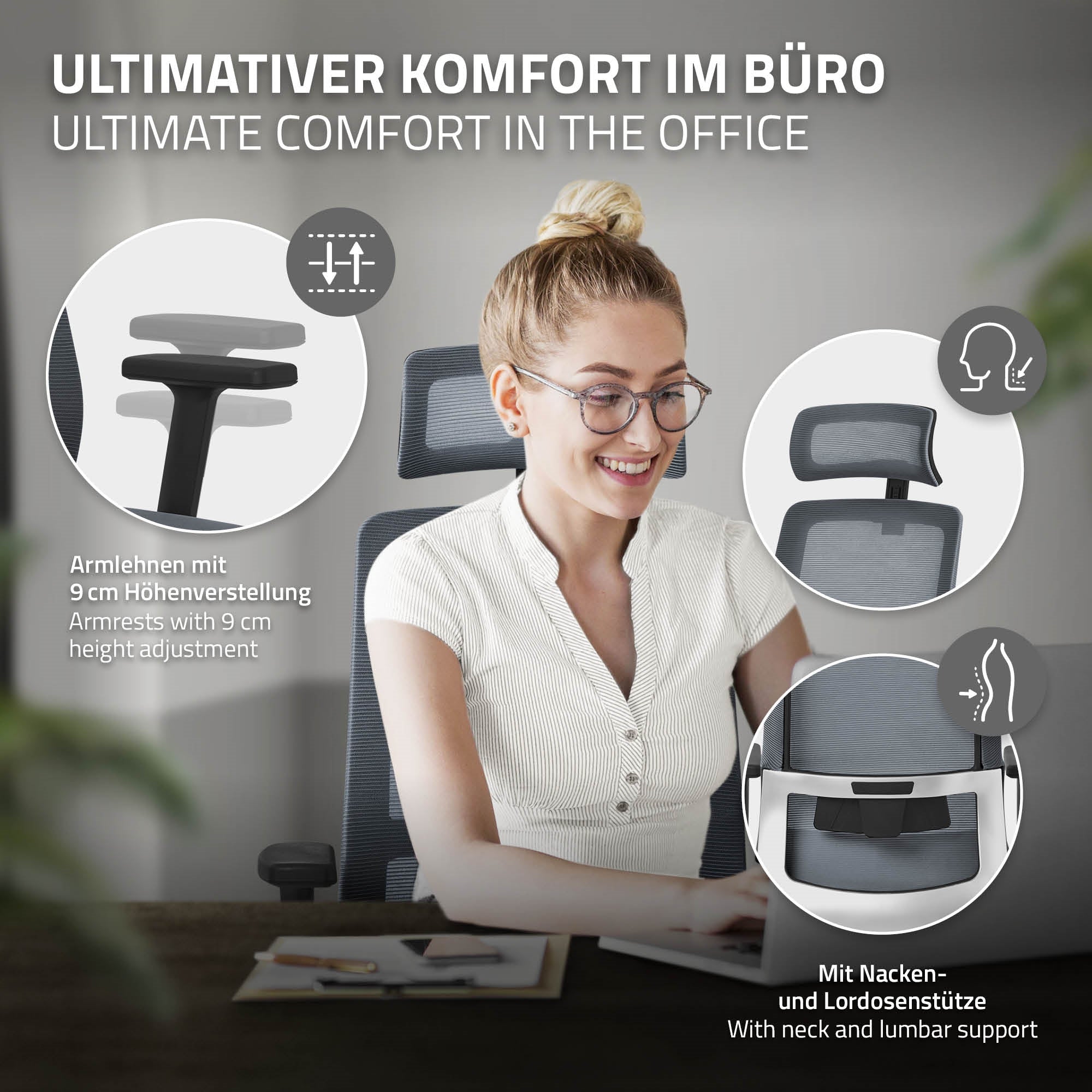 Kvinde med briller sidder ved et skrivebord, smiler og bruger en ergonomisk kontorstol.