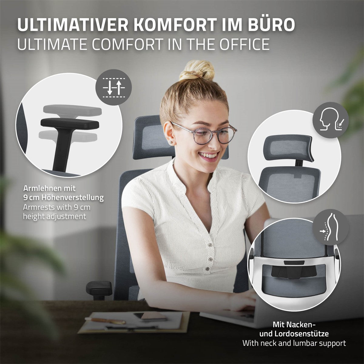 Una donna con gli occhiali è seduta a una scrivania, sorride e usa una sedia da ufficio ergonomica.