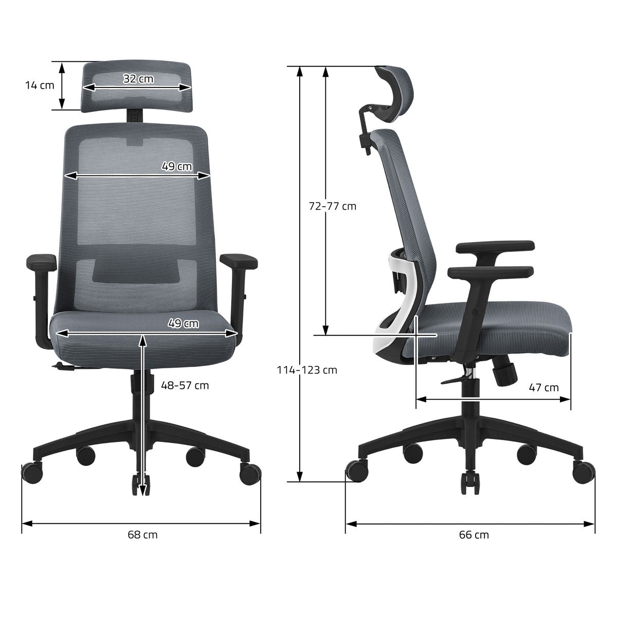 Disegno quotato di una sedia da ufficio con diverse dimensioni.