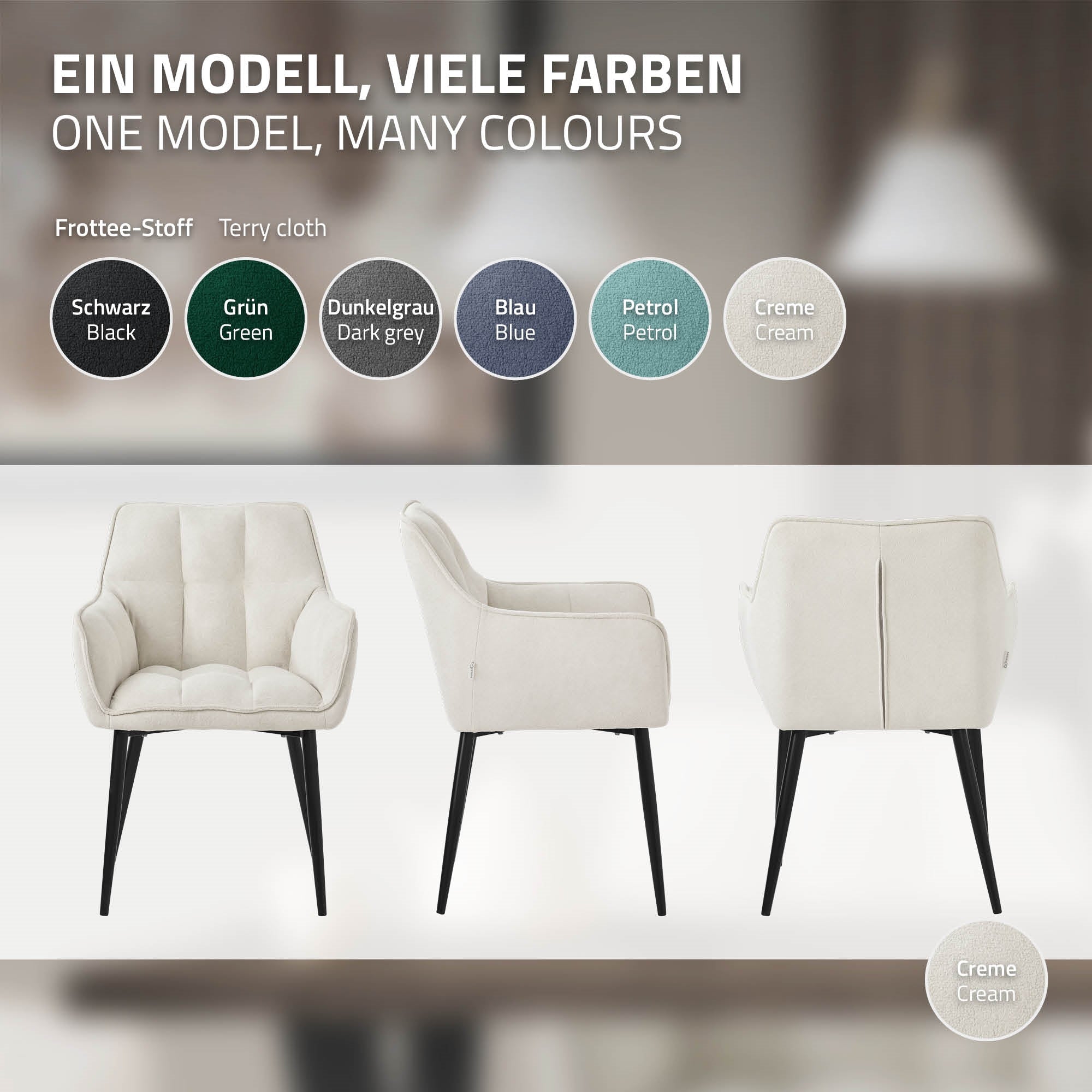 Drei Stühle in verschiedenen Farben auf einem neutralen Hintergrund.