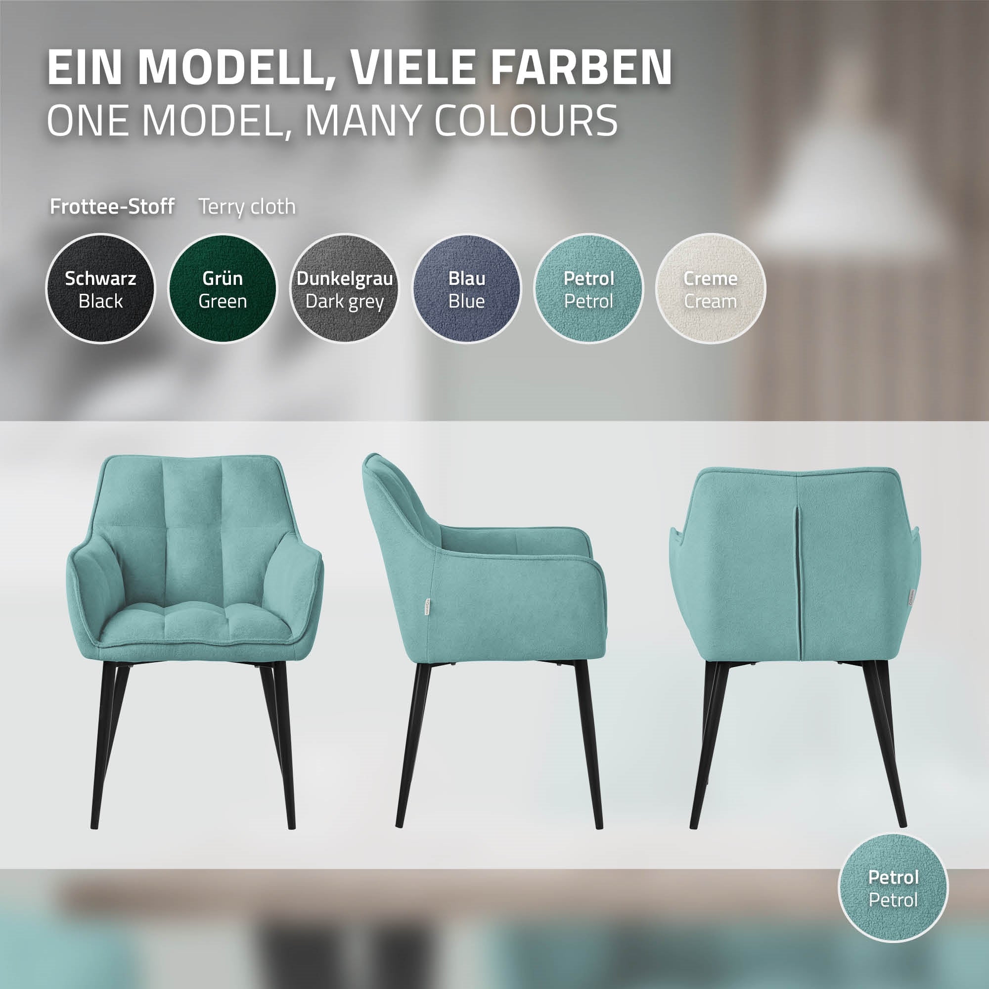 Three chairs in different colors in front of a light background.
