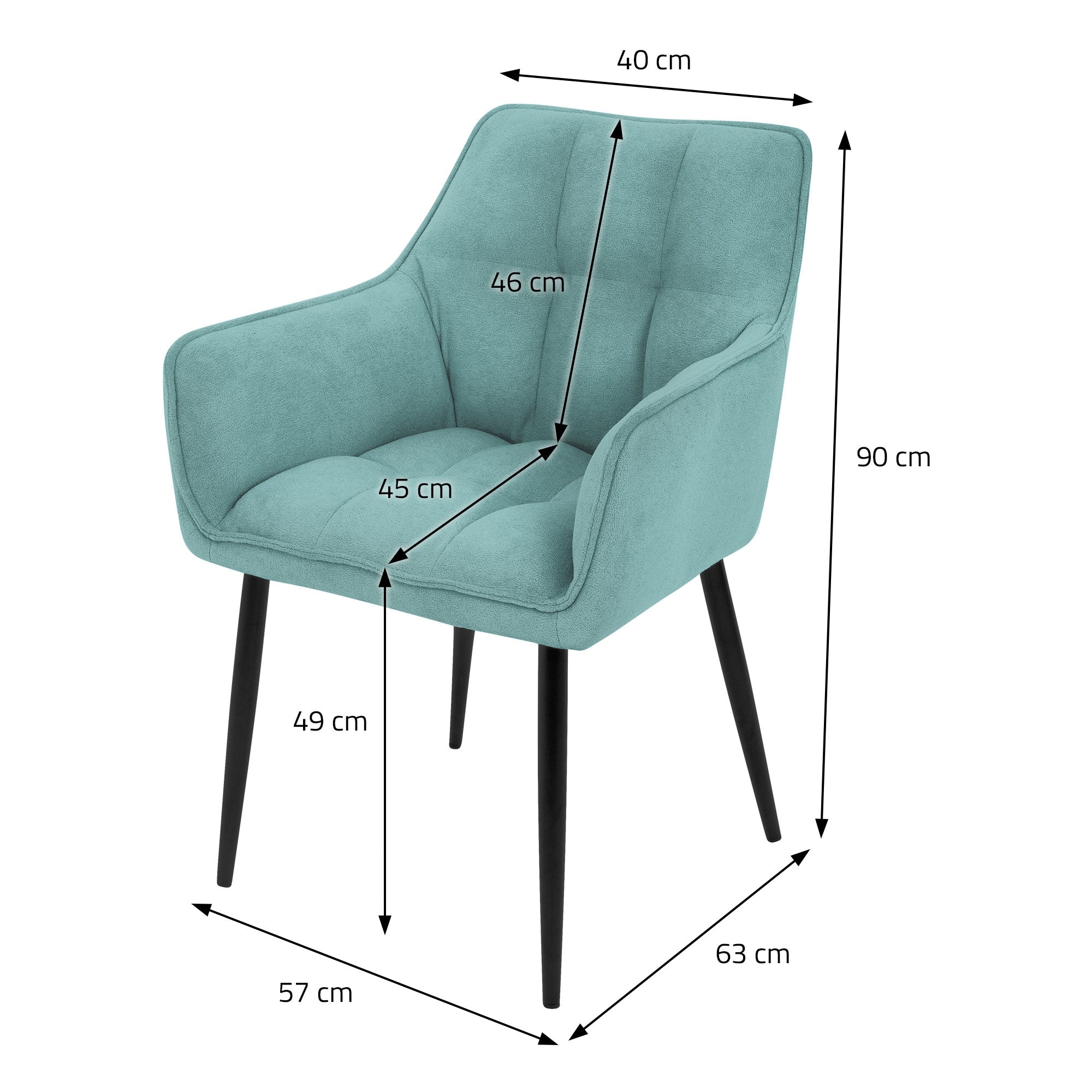 A blue chair with measurements in centimeters, depicted in a technical drawing.