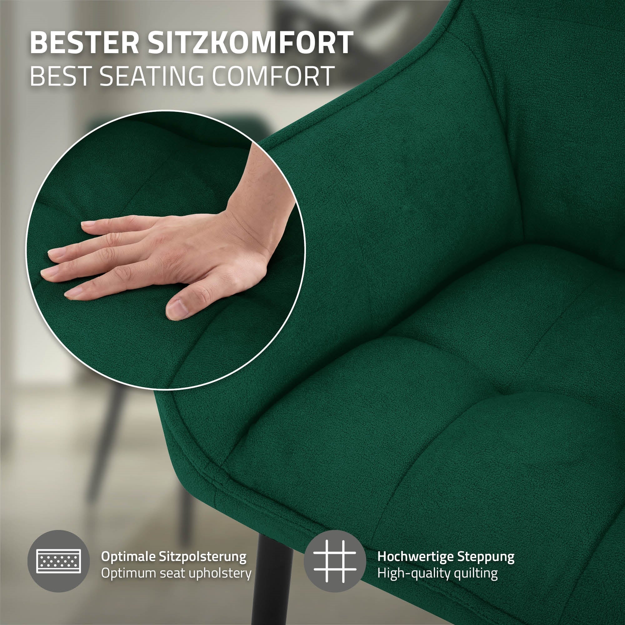 Nahaufnahme einer gepolsterten Sitzfläche mit Hand darauf.