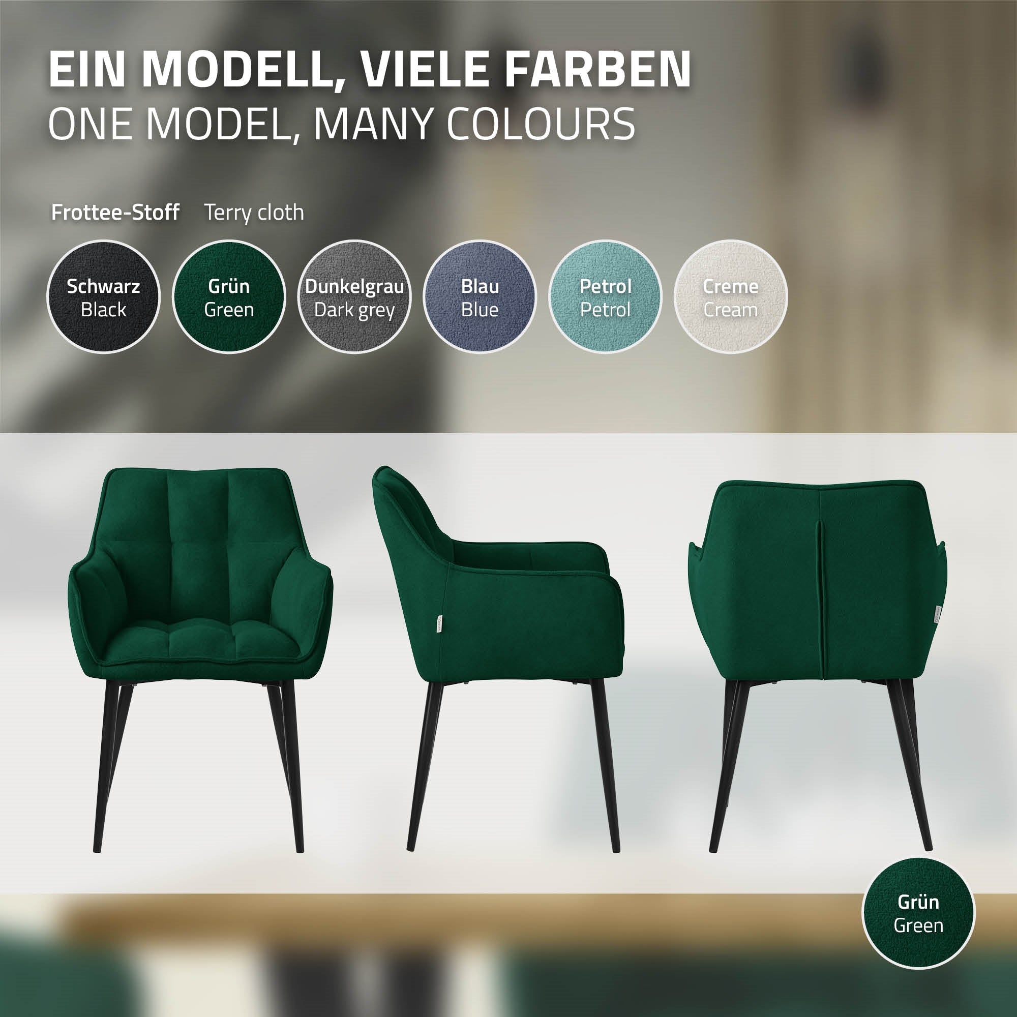 Drei Stühle in verschiedenen Farben vor einem neutralen Hintergrund.