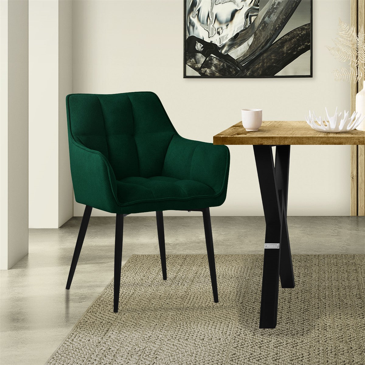 Green chair at a table in a modern room.