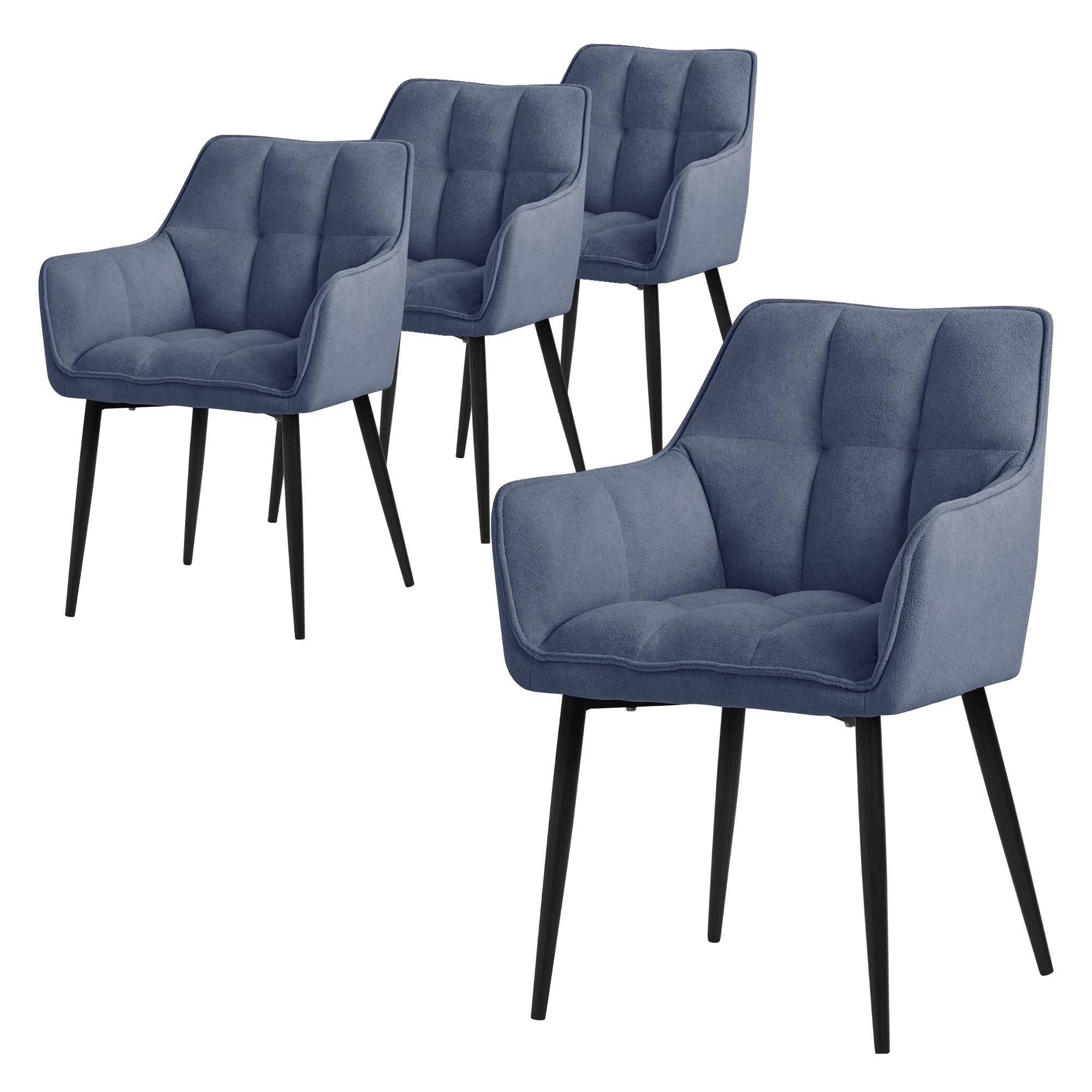 Vier blaue Stühle mit gepolsterten Sitzen und schwarzen Beinen.
