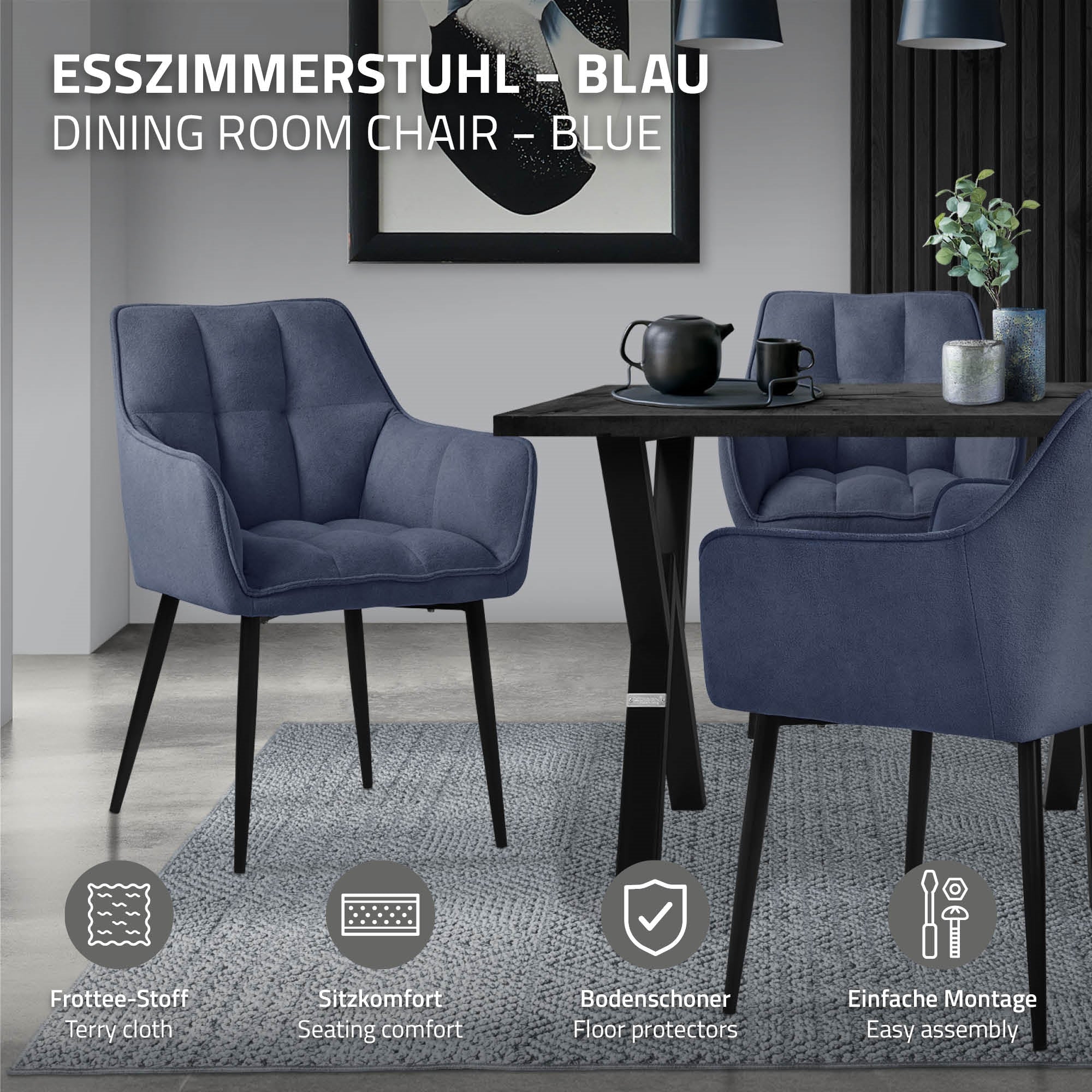 Blauer Esszimmerstuhl in einem Raum mit Tisch und Teppich.