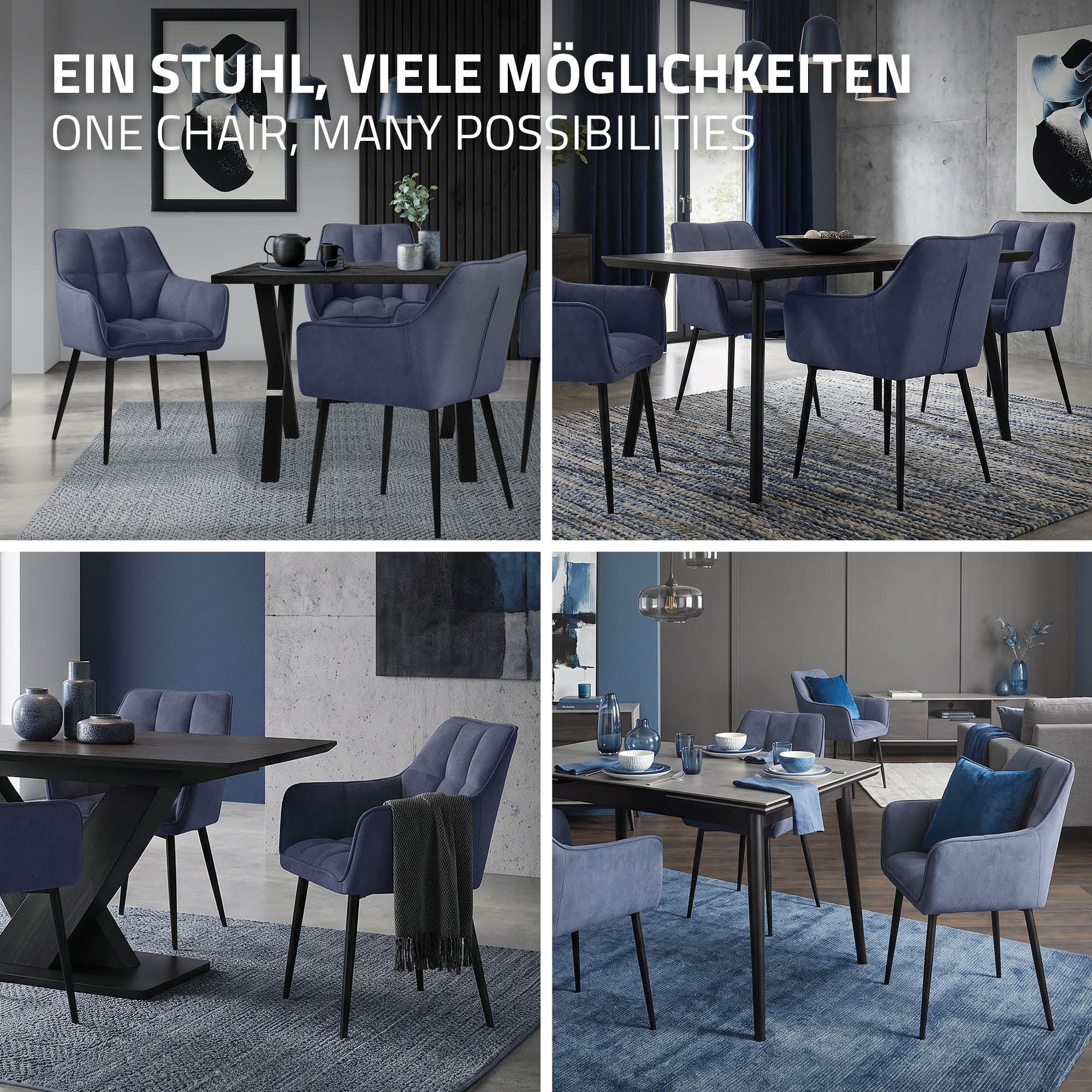 Vier blaue Stühle um zwei Tische in einem modernen Esszimmer.