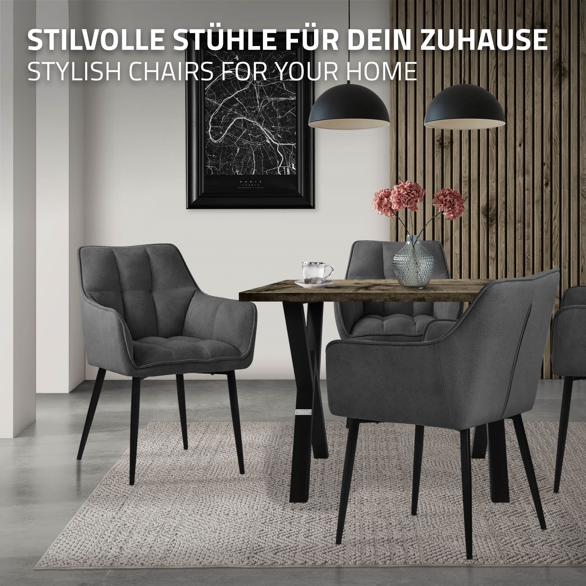 Grauer Esszimmerstuhl in einem modernen Raum mit Tisch.