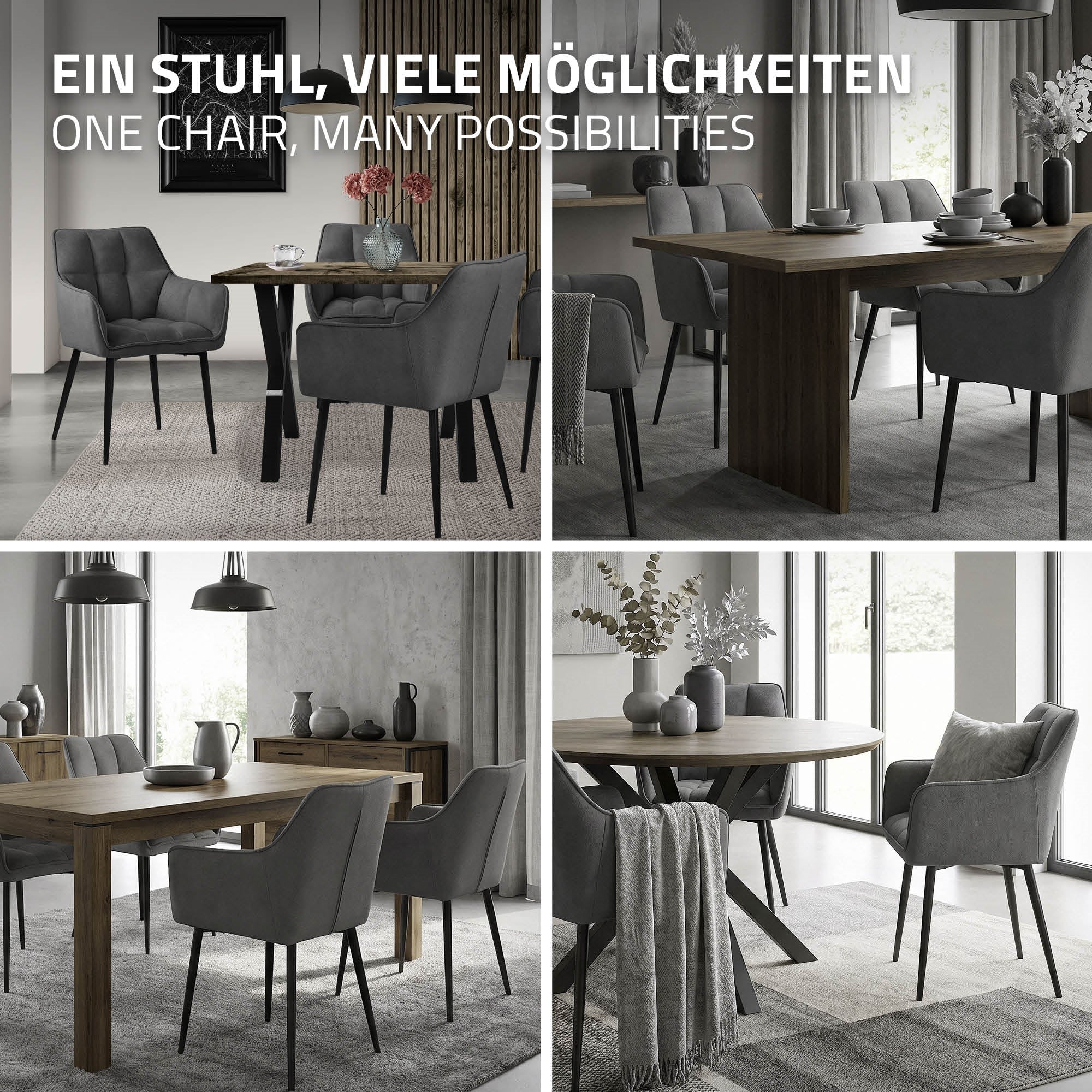 Ein Essbereich mit grauen Stühlen und einem Holztisch, in verschiedenen Anordnungen.