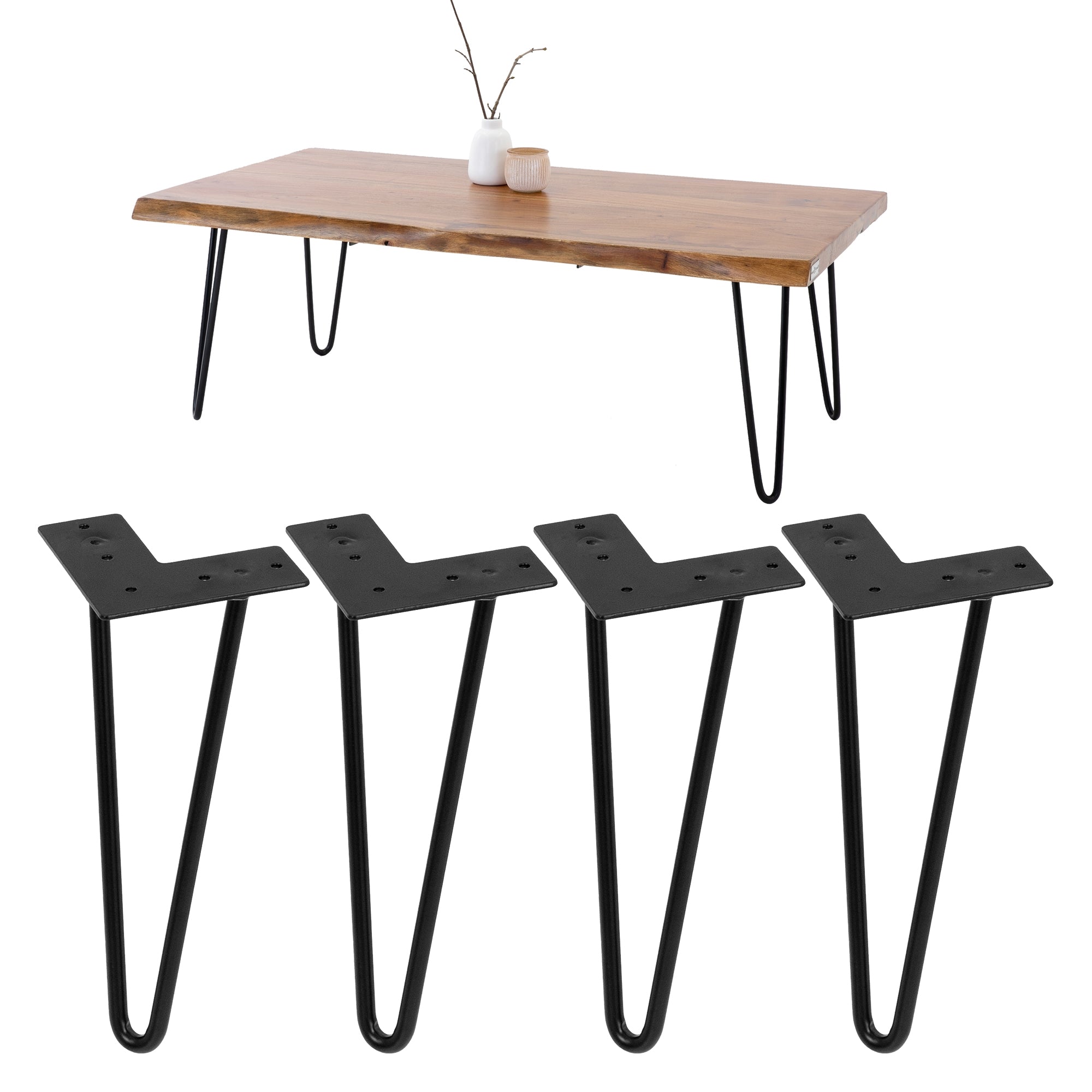 Ein Holztisch mit vier schwarzen Tischbeinen und einer Vase mit Zweigen.