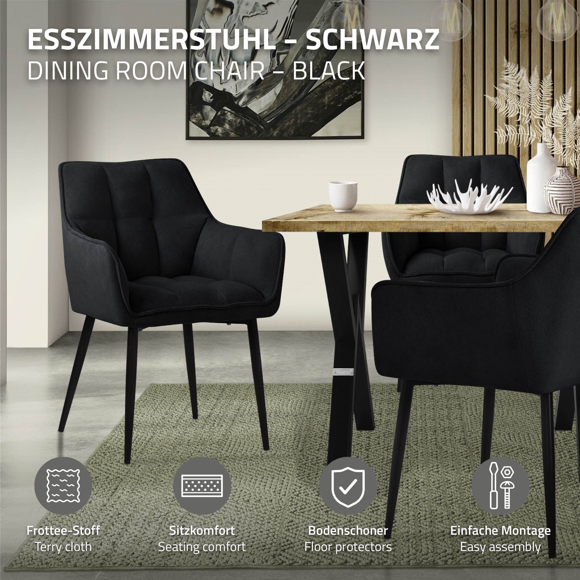 Schwarzer Esszimmerstuhl in einem Raum mit Tisch und Teppich.