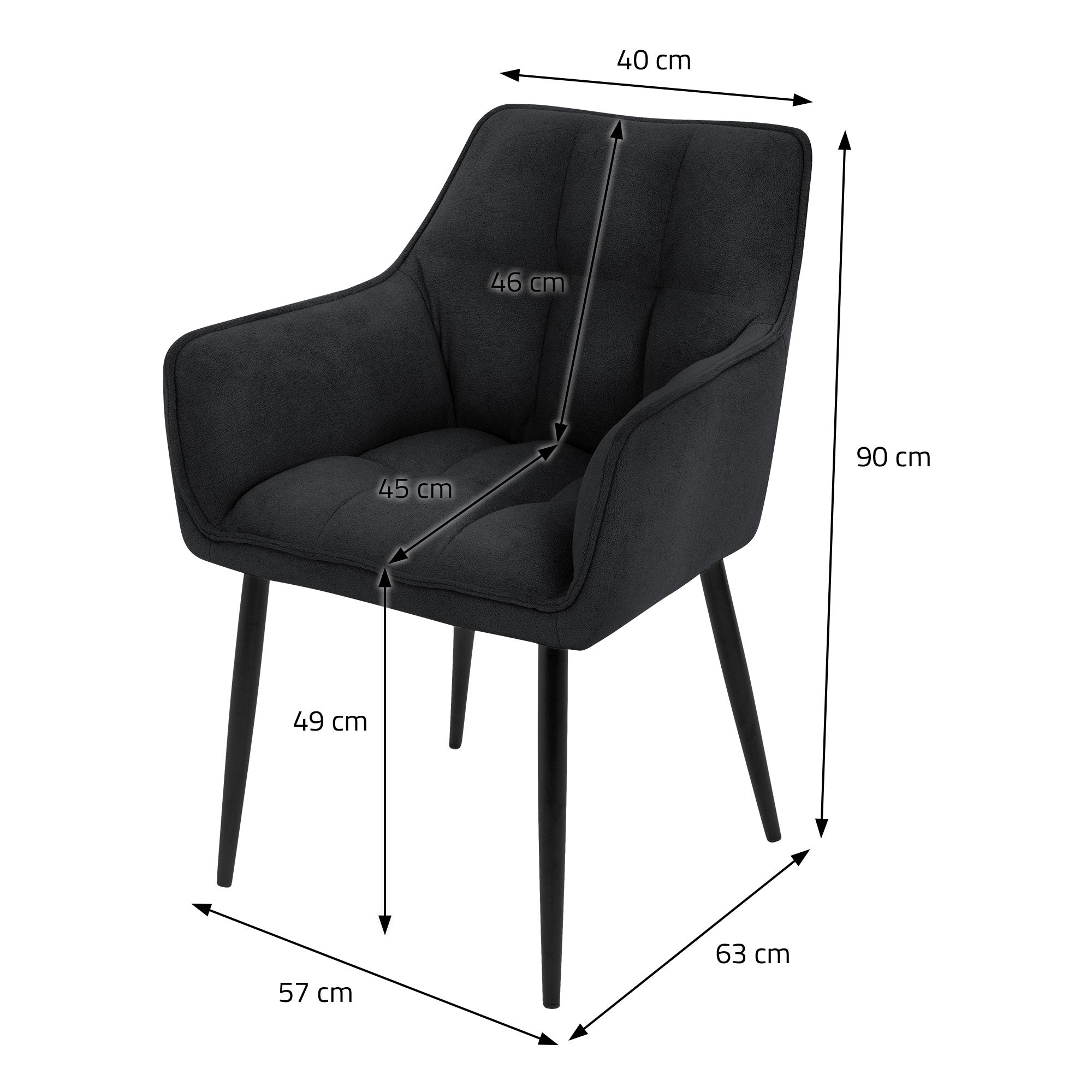 Black dining chair with measurements and details.