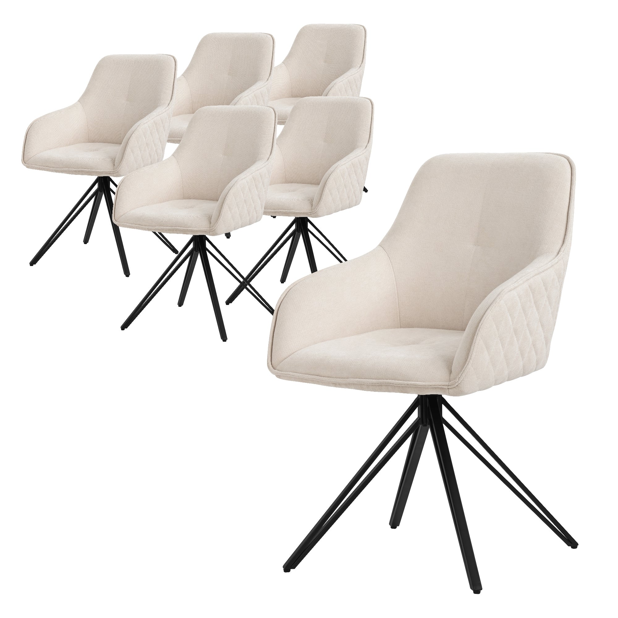 Sechs beige gepolsterte Stühle mit schwarzem Gestell, gruppiert.