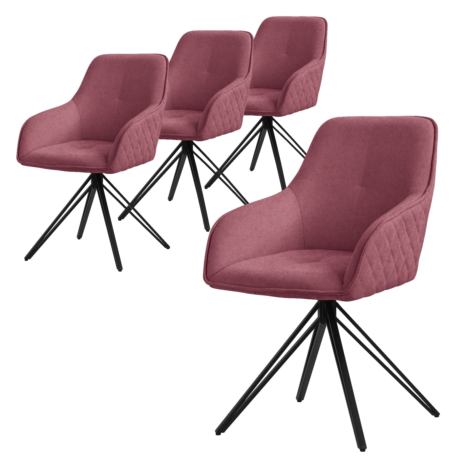 Cuatro sillas de comedor rosas con estructura negra sobre un fondo blanco.