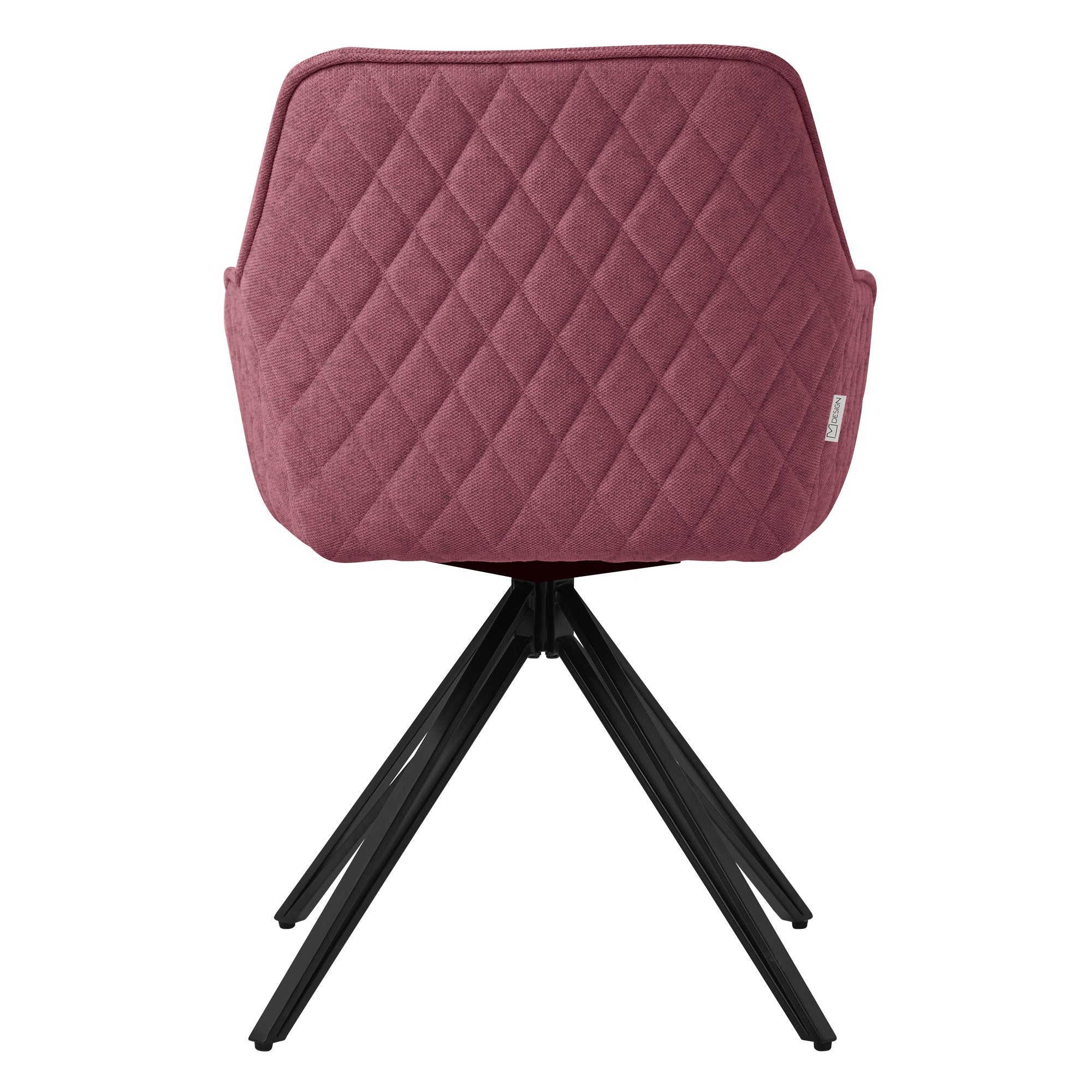 Rear view of an upholstered chair with a black frame.