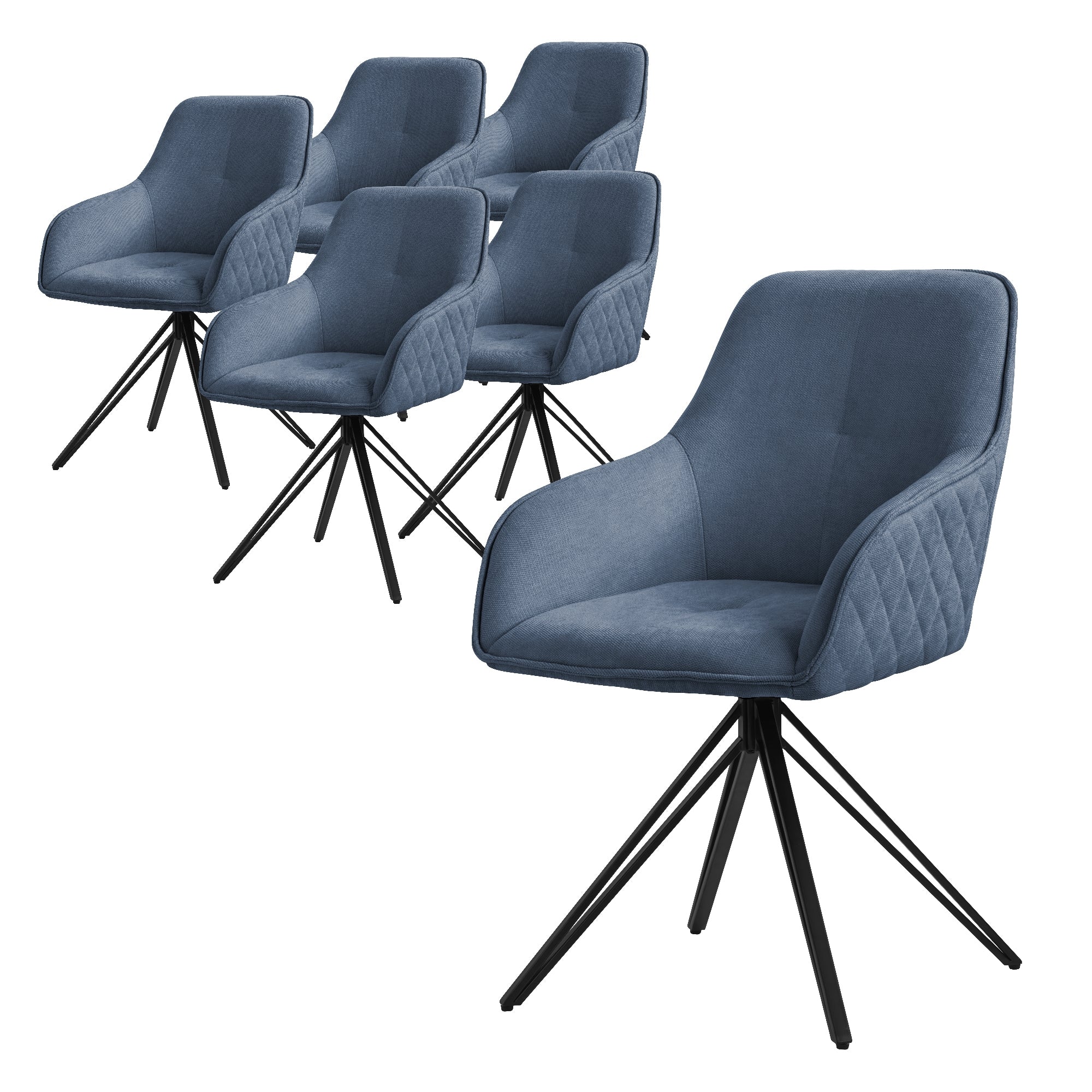 Sechs blaue Stühle mit schwarzem Gestell in einer Gruppe.