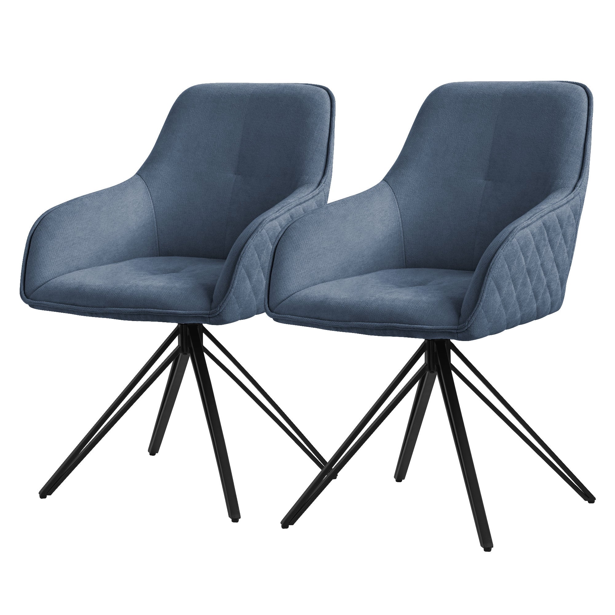 Zwei blaue Stühle mit schwarzem Gestell nebeneinander.
