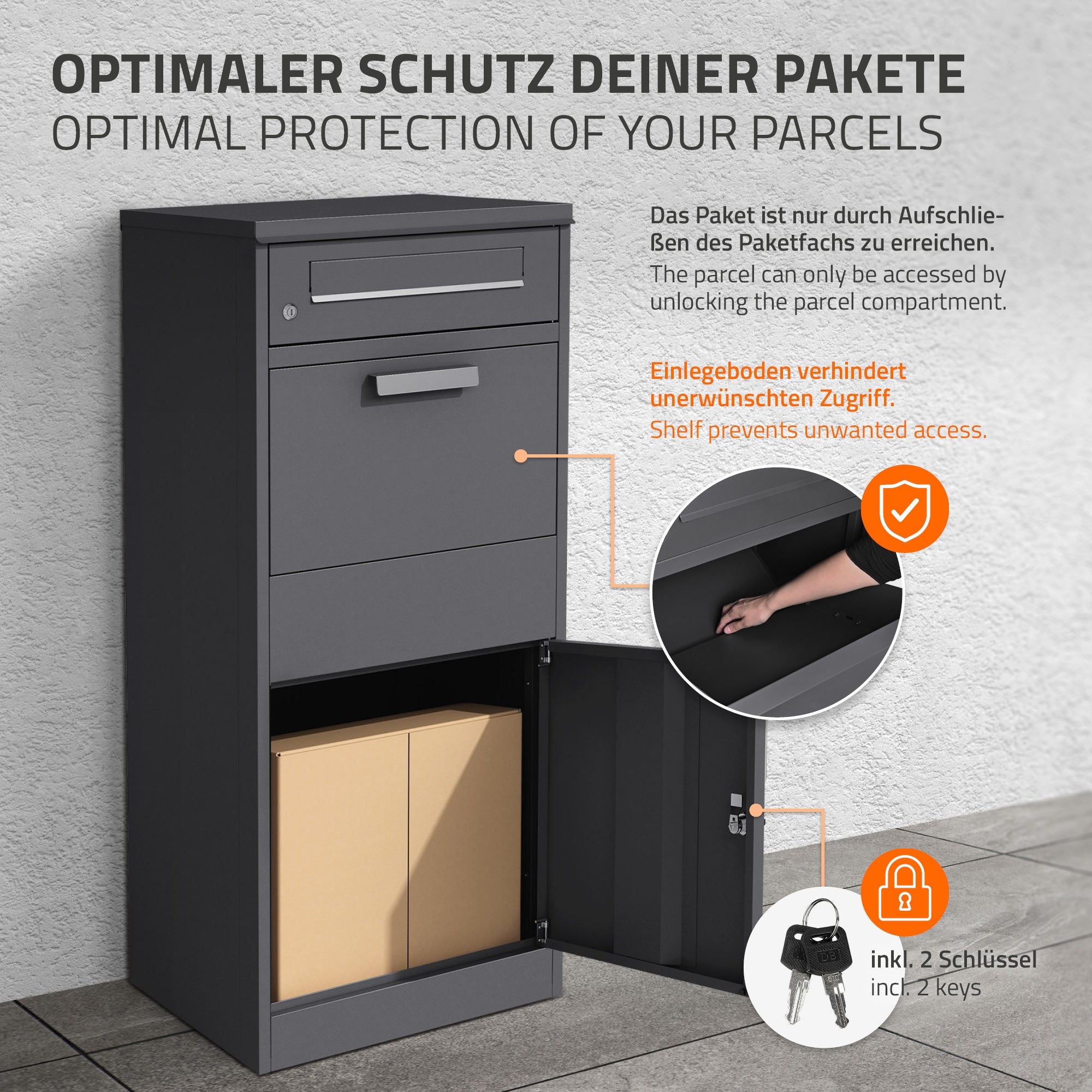 Briefkasten mit Paketfach, geöffnet, Karton im Inneren.