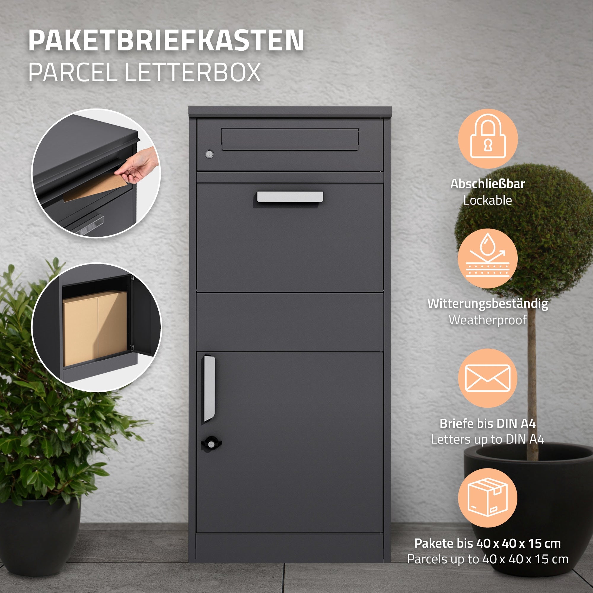 Grafik eines Paketbriefkastens mit Funktionen und Spezifikationen.
