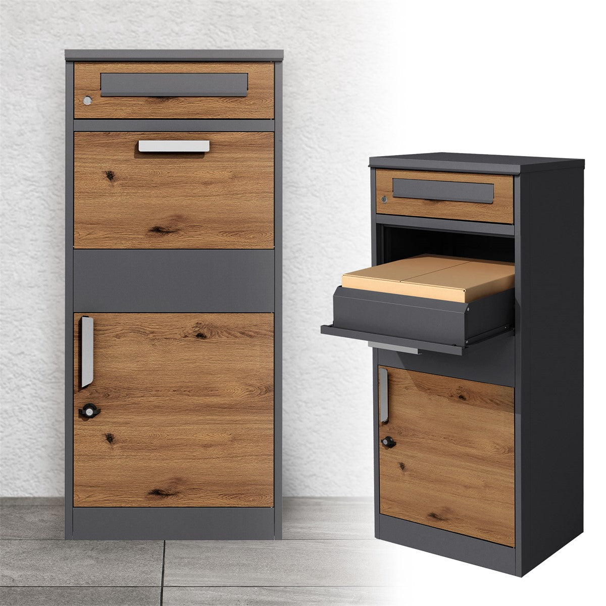 Two cabinets with a wood finish and grey metal frames.