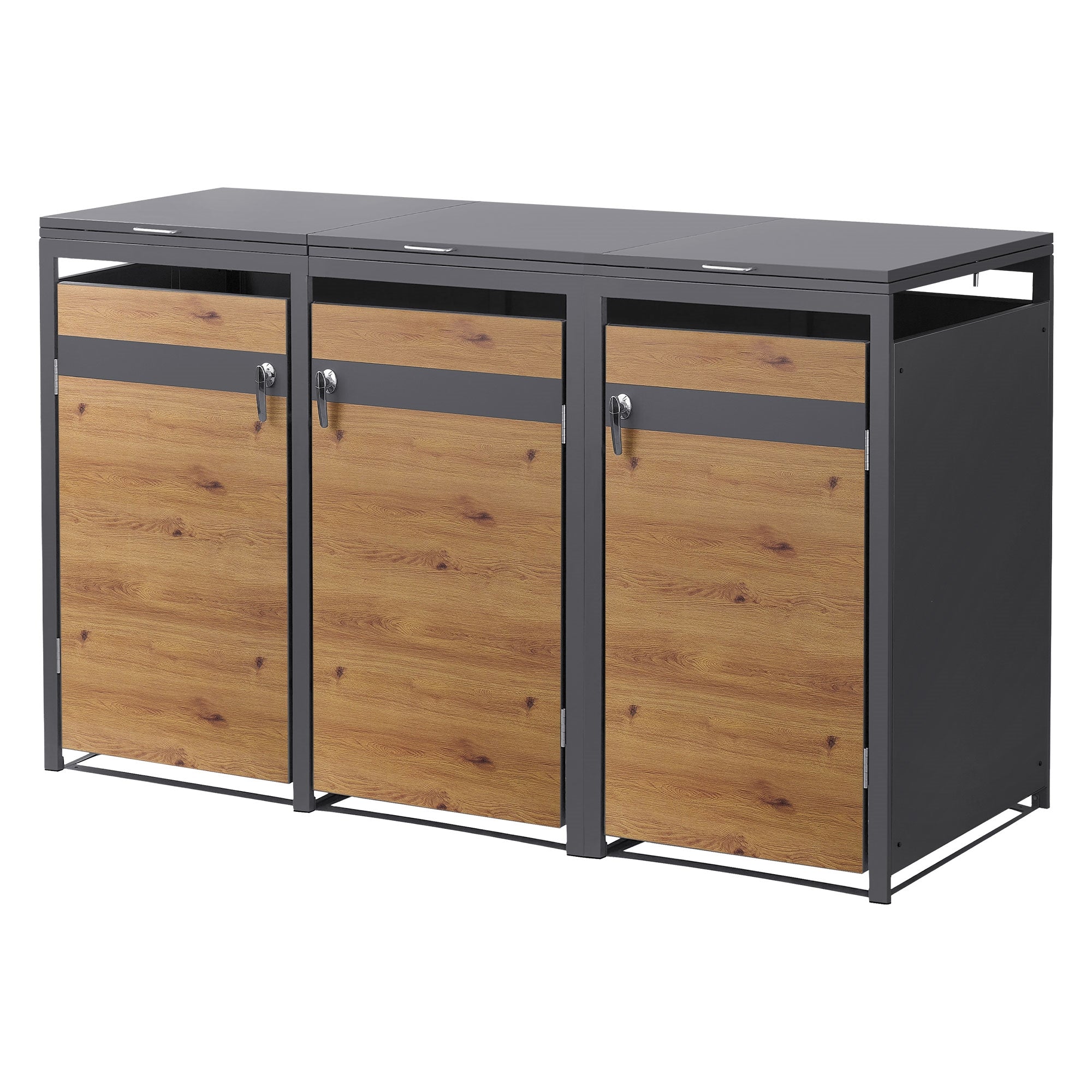 Drei Mülltonnen mit Holzfront und Metallrahmen auf einem Tisch.