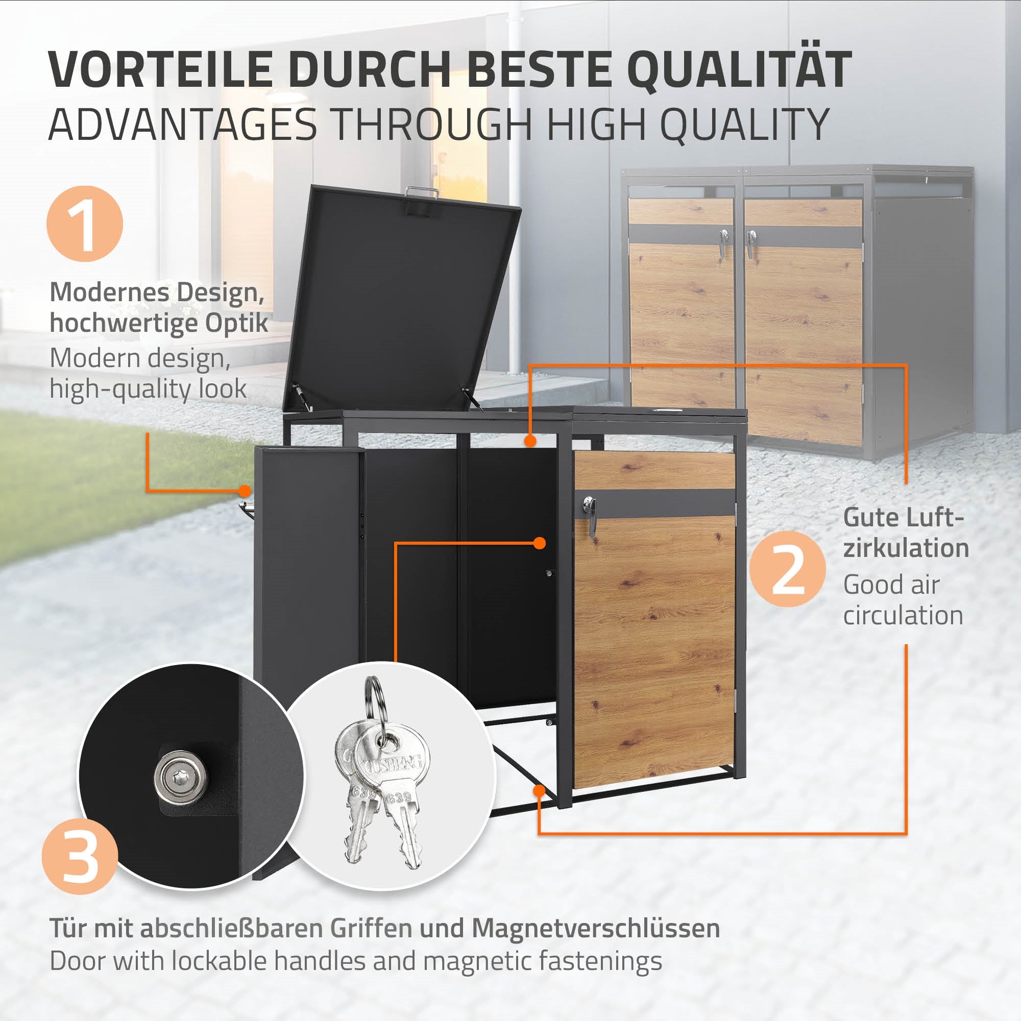 Mülltonnenbox mit modernem Design und abschließbaren Türen.