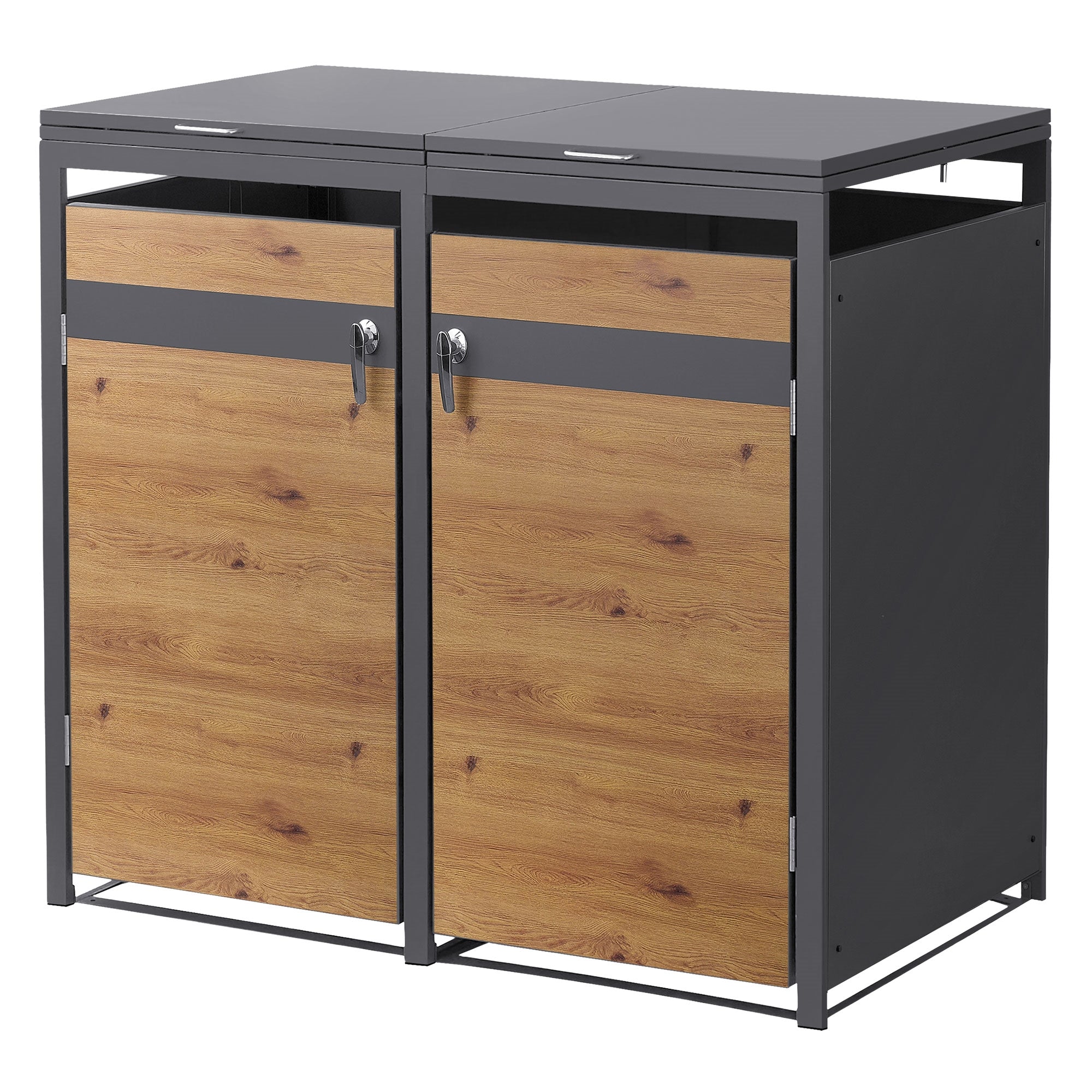 Mülltonnenbox mit zwei Fächern, Holzoptik und metallischem Rahmen.