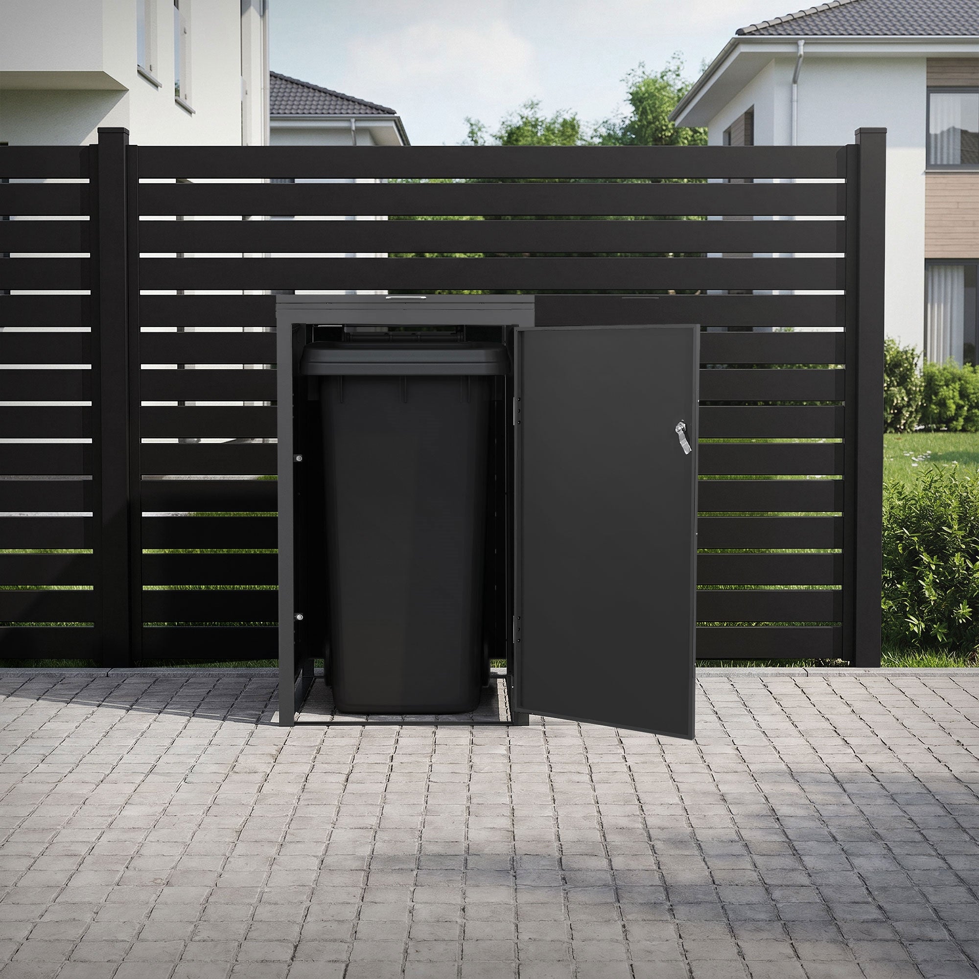 Mülltonnenbox mit geöffneter Tür und Mülltonne im Inneren.