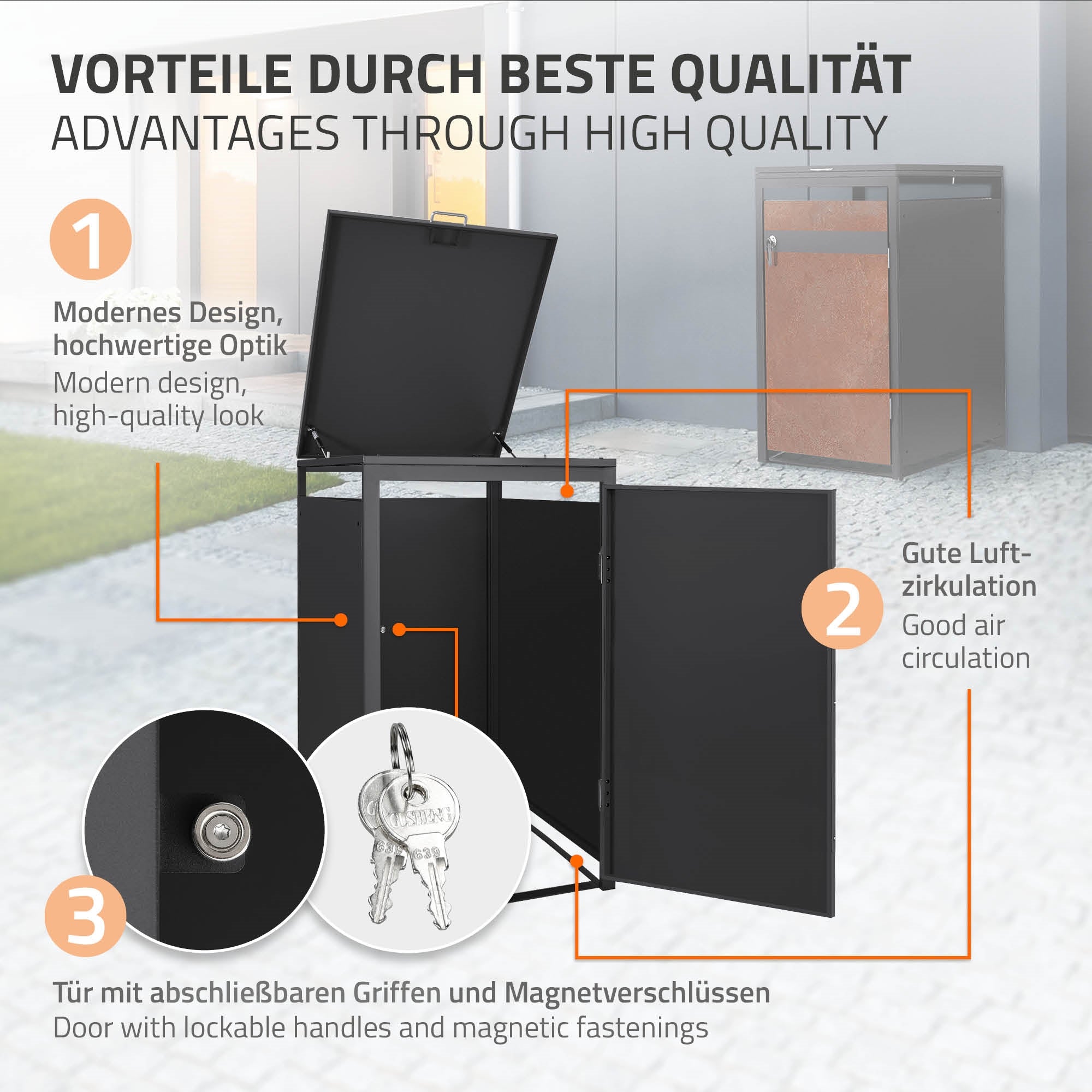 Mülltonnenbehälter mit modernen Design und Informationen zur Luftzirkulation.