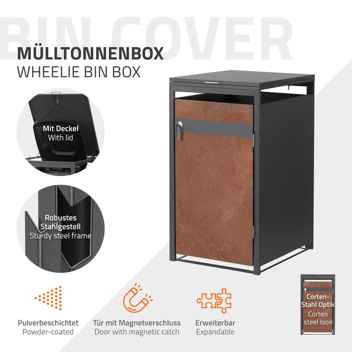 Mülltonnenbox mit einem Fach und Deckel, aus pulverbeschichtetem Stahl.
